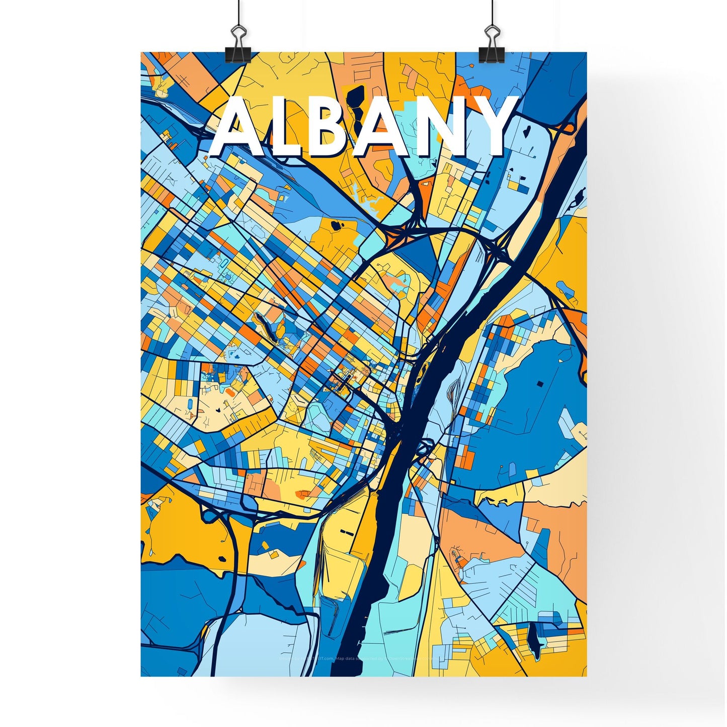 ALBANY NEW YORK Vibrant Colorful Art Map Poster Blue Orange