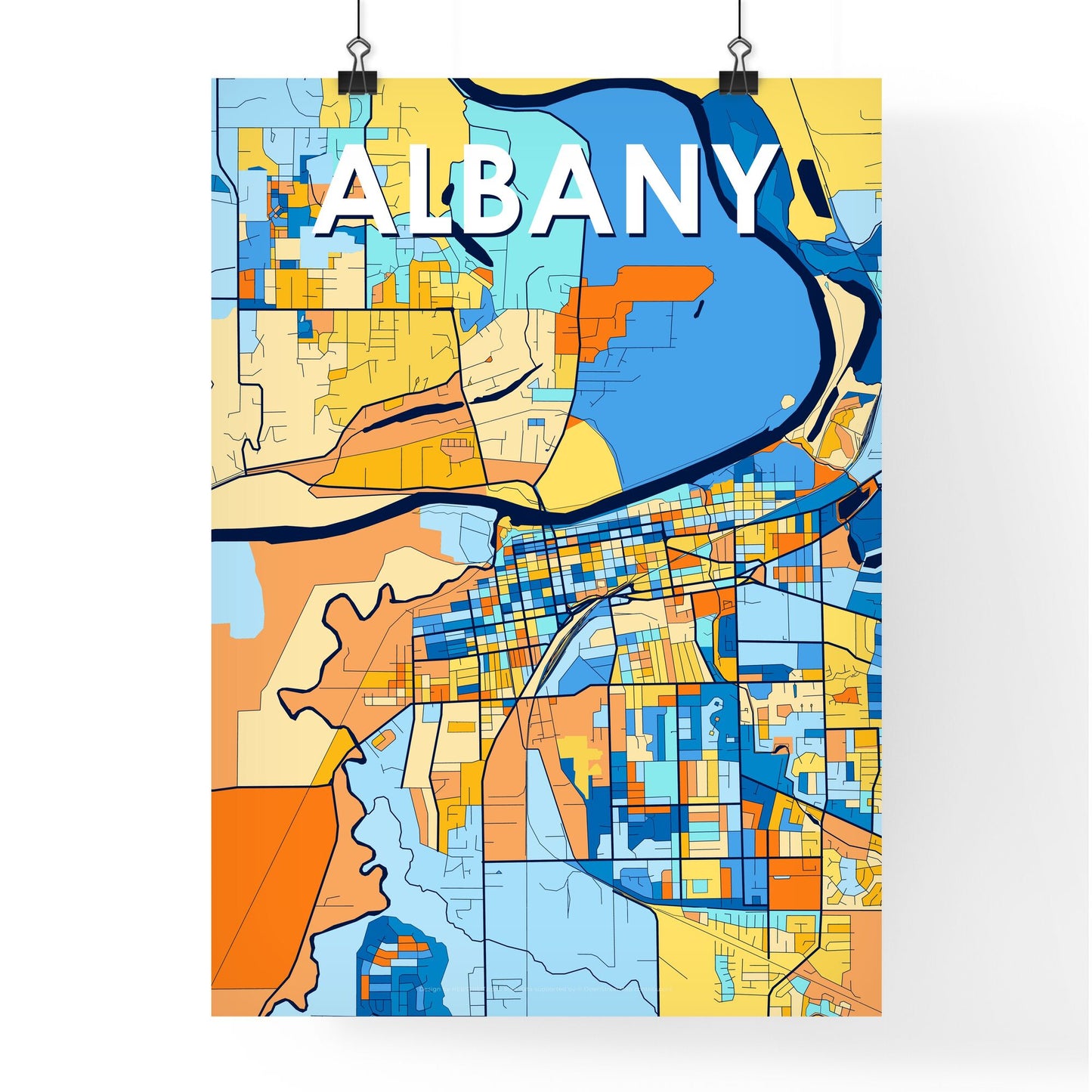 ALBANY OREGON Vibrant Colorful Art Map Poster Blue Orange