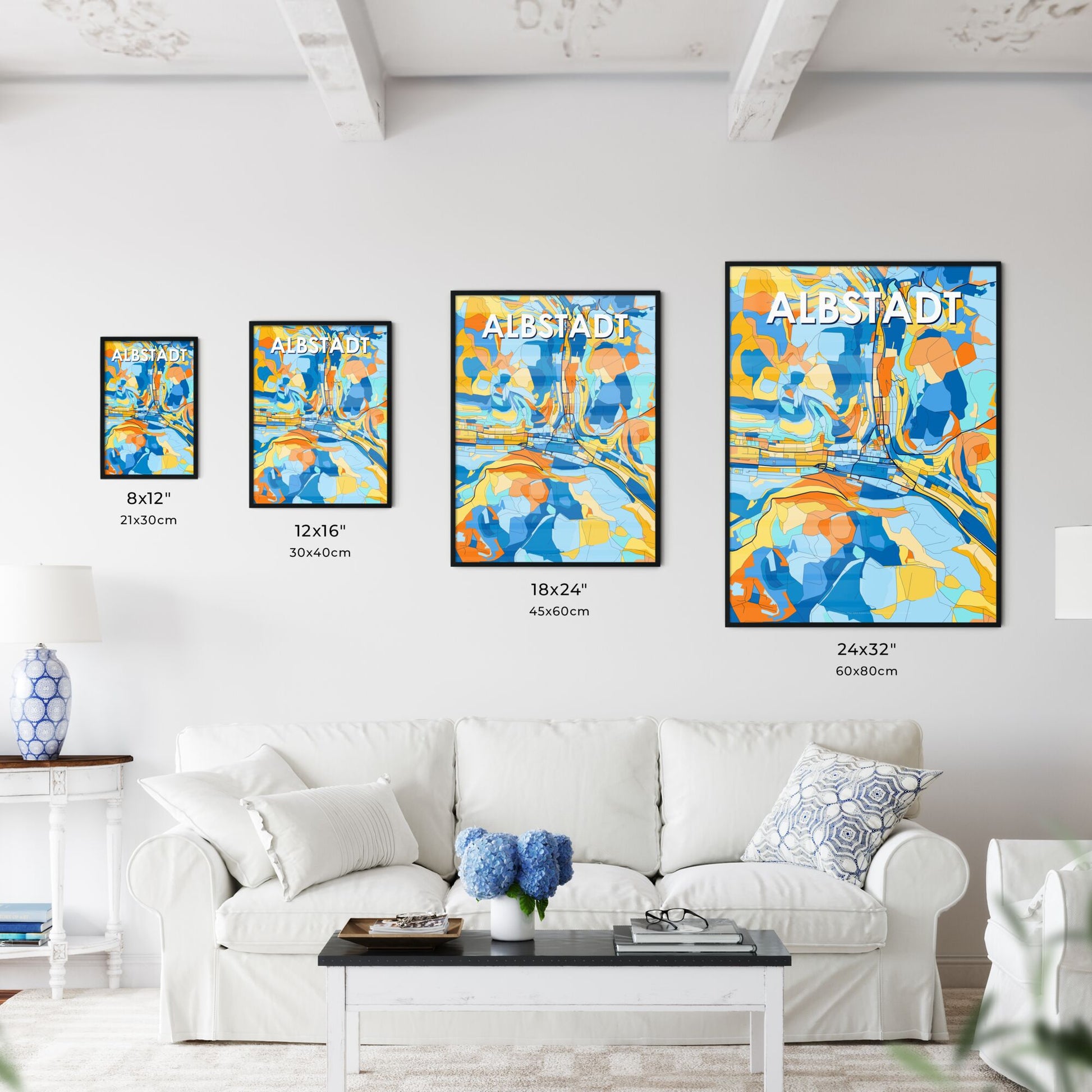 ALBSTADT GERMANY Vibrant Colorful Art Map Poster Blue Orange