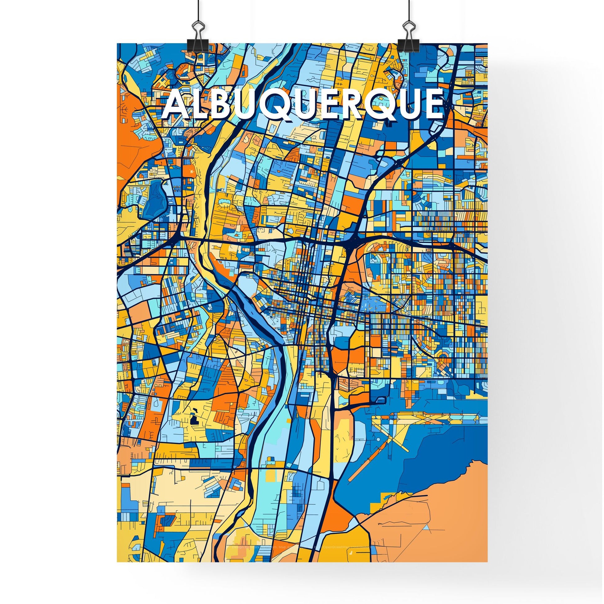 ALBUQUERQUE NEW MEXICO Vibrant Colorful Art Map Poster Blue Orange