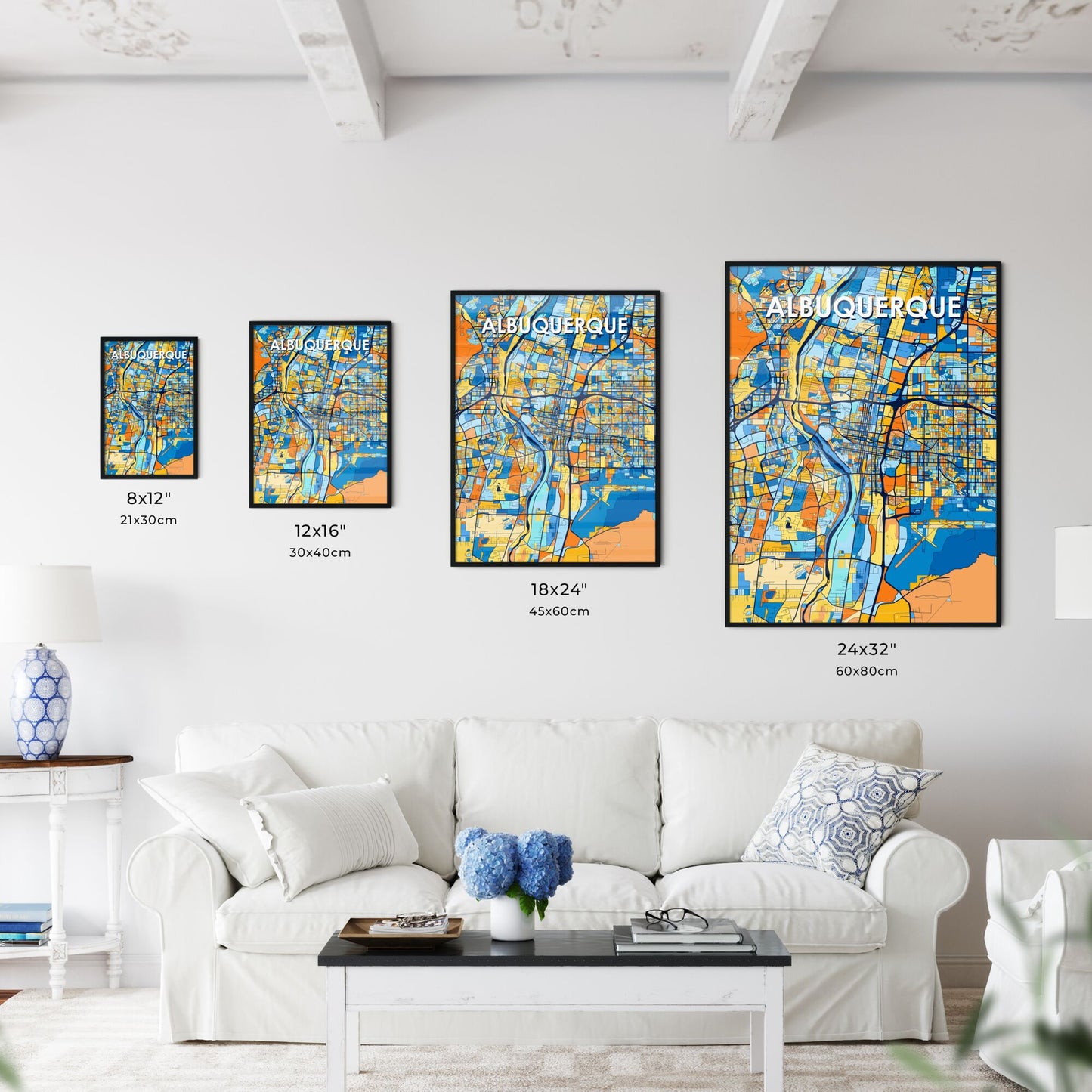 ALBUQUERQUE NEW MEXICO Vibrant Colorful Art Map Poster Blue Orange