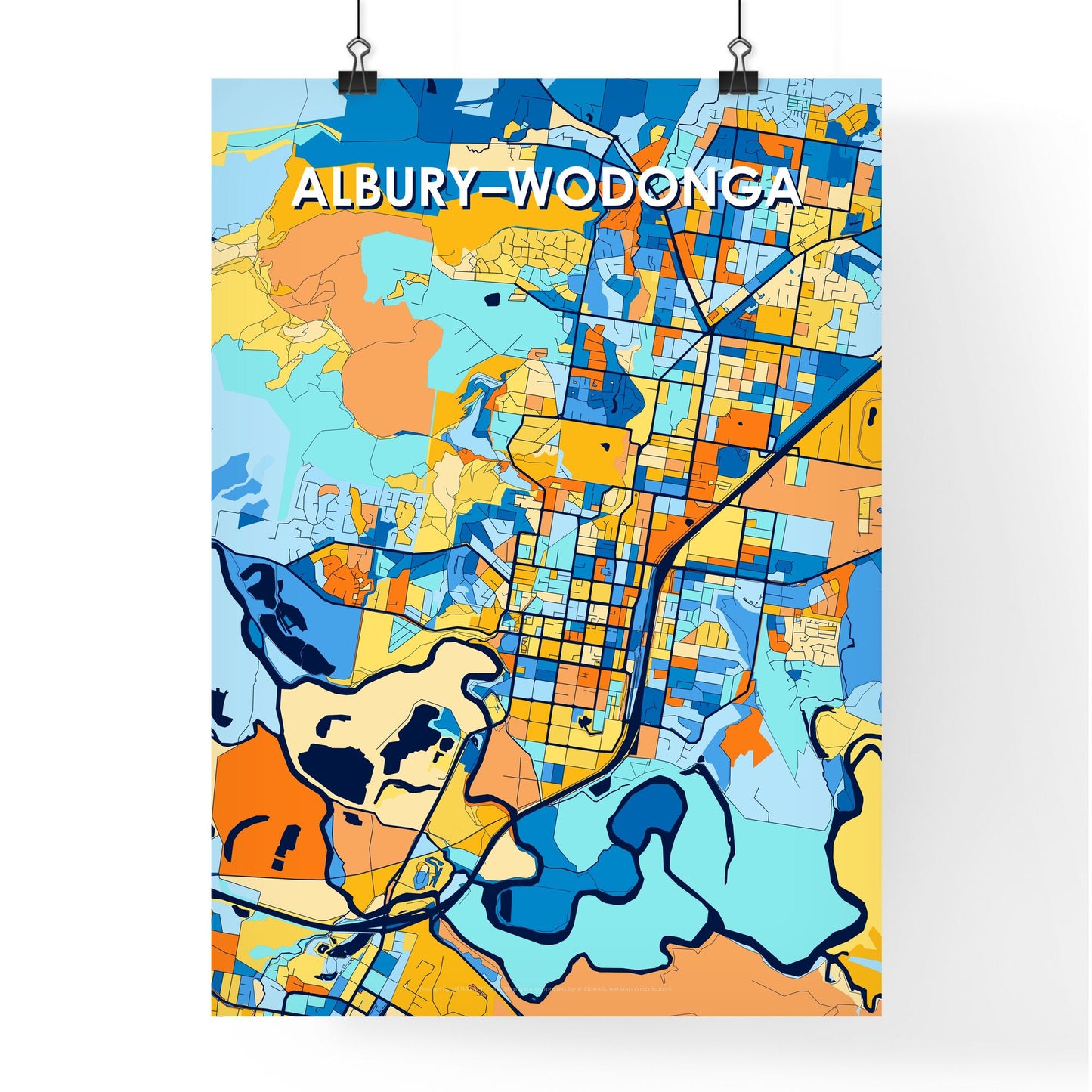 ALBURY–WODONGA AUSTRALIA Vibrant Colorful Art Map Poster Blue Orange