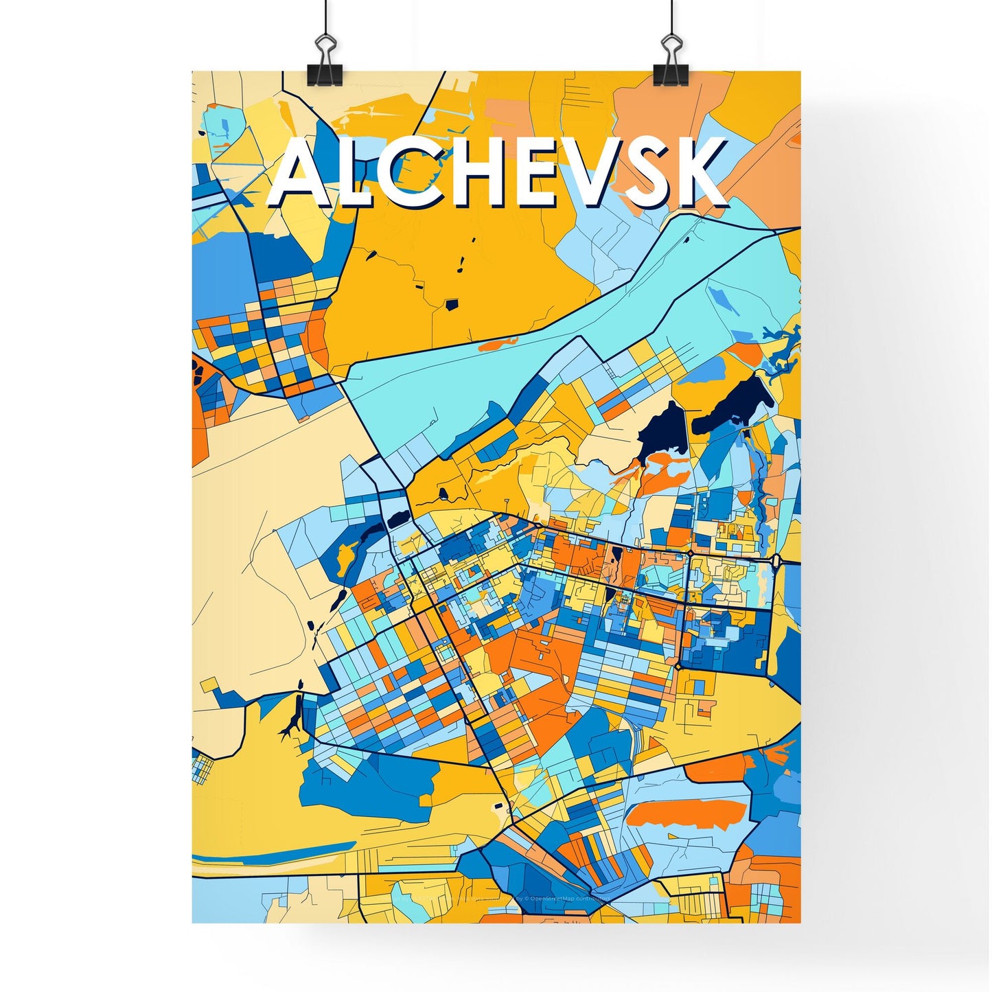 ALCHEVSK UKRAINE Vibrant Colorful Art Map Poster Blue Orange