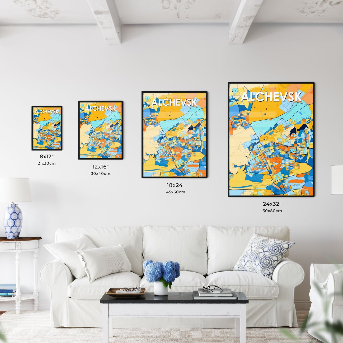 ALCHEVSK UKRAINE Vibrant Colorful Art Map Poster Blue Orange