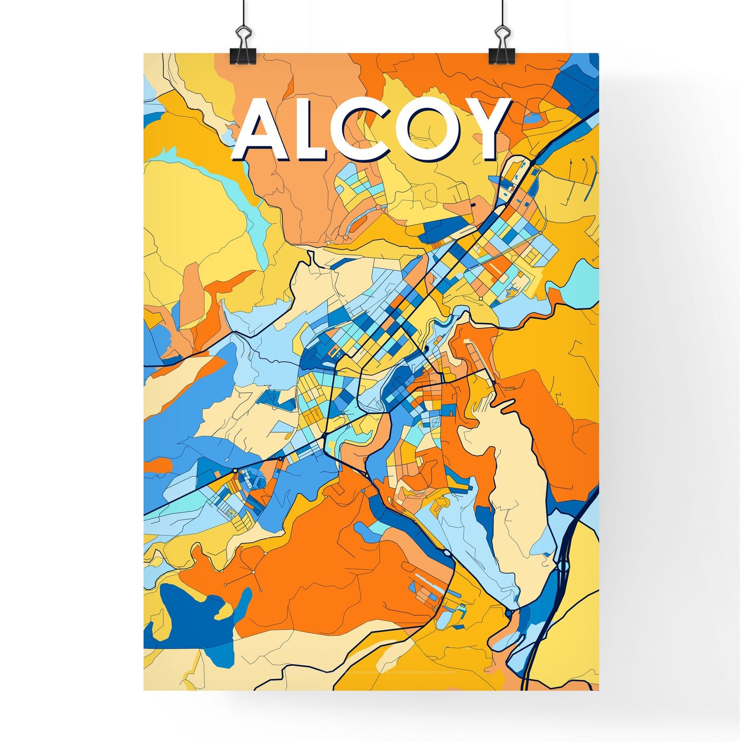 ALCOY SPAIN Vibrant Colorful Art Map Poster Blue Orange