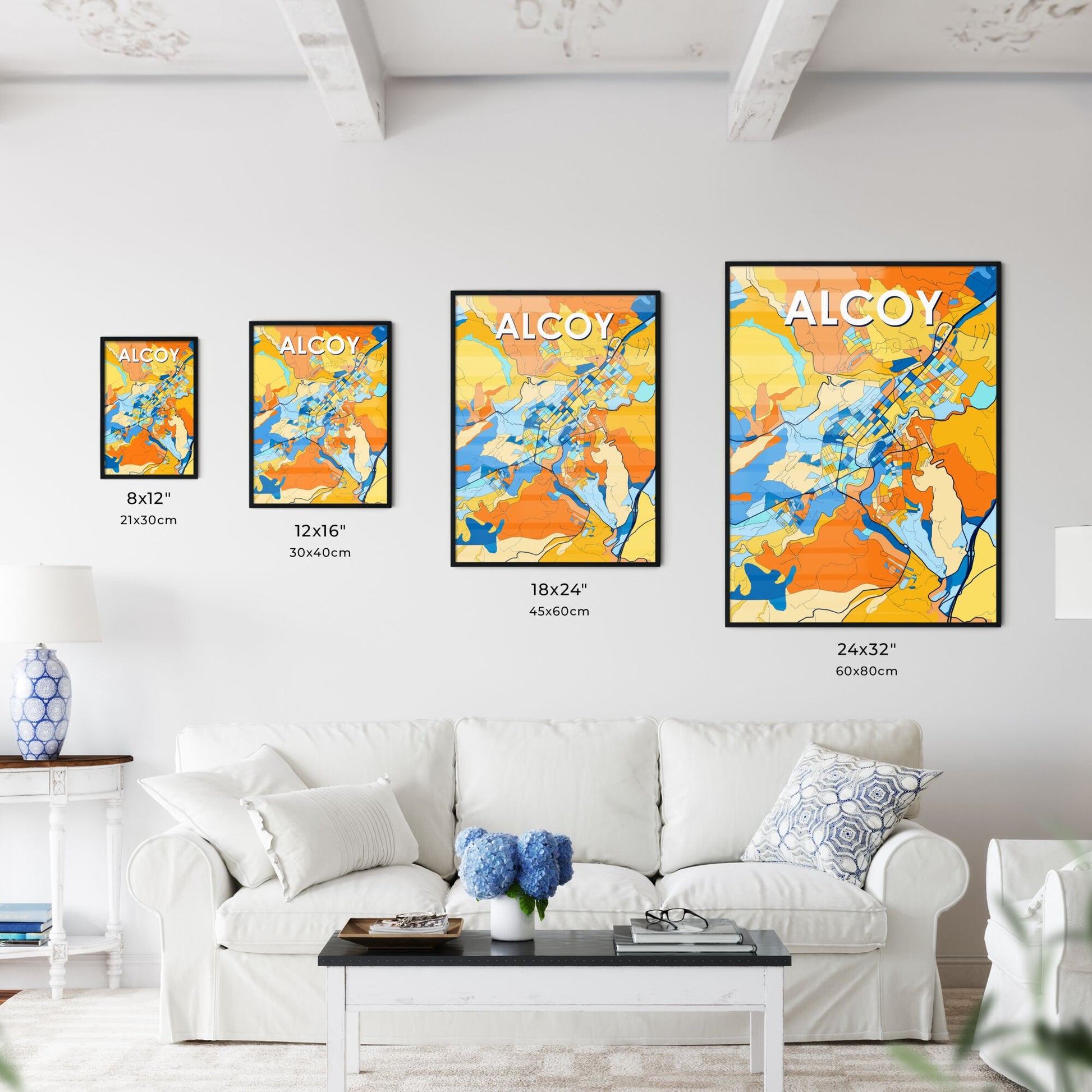 ALCOY SPAIN Vibrant Colorful Art Map Poster Blue Orange