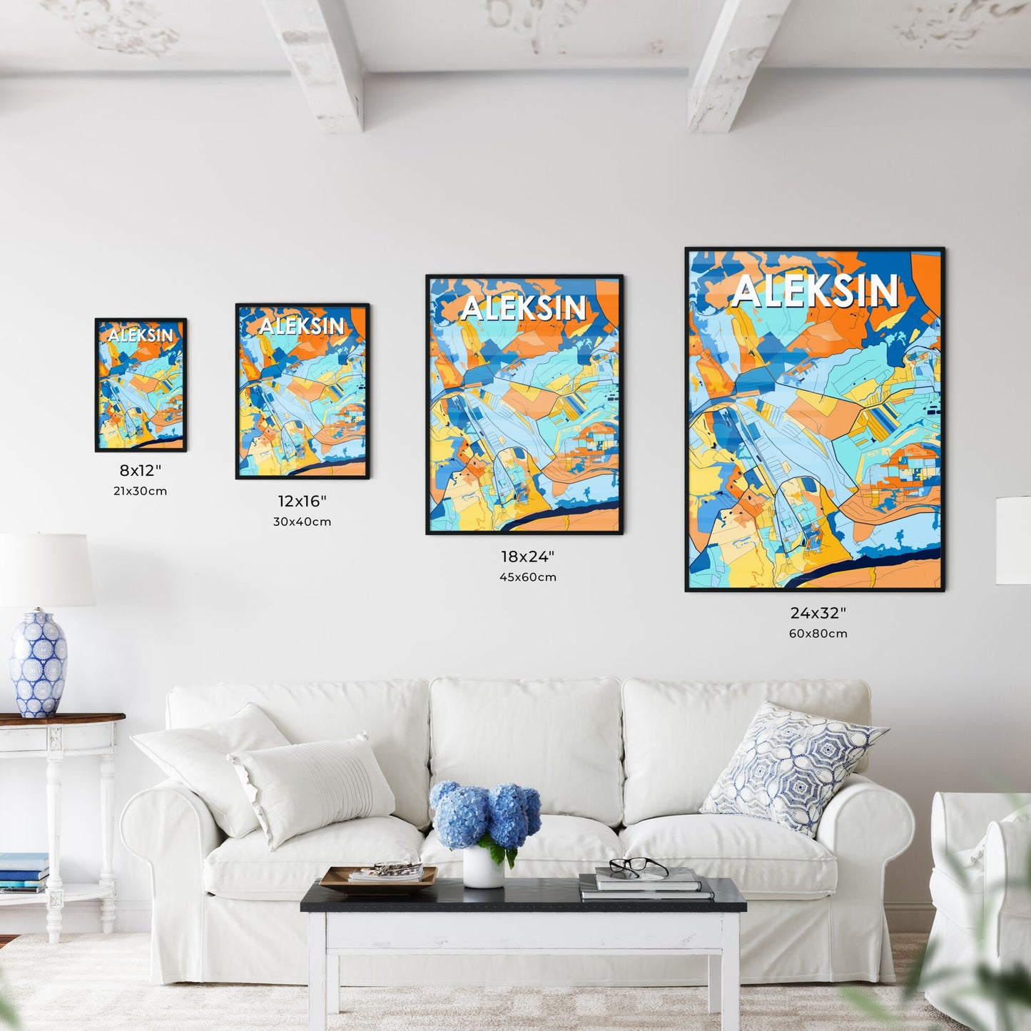 ALEKSIN RUSSIA Vibrant Colorful Art Map Poster Blue Orange