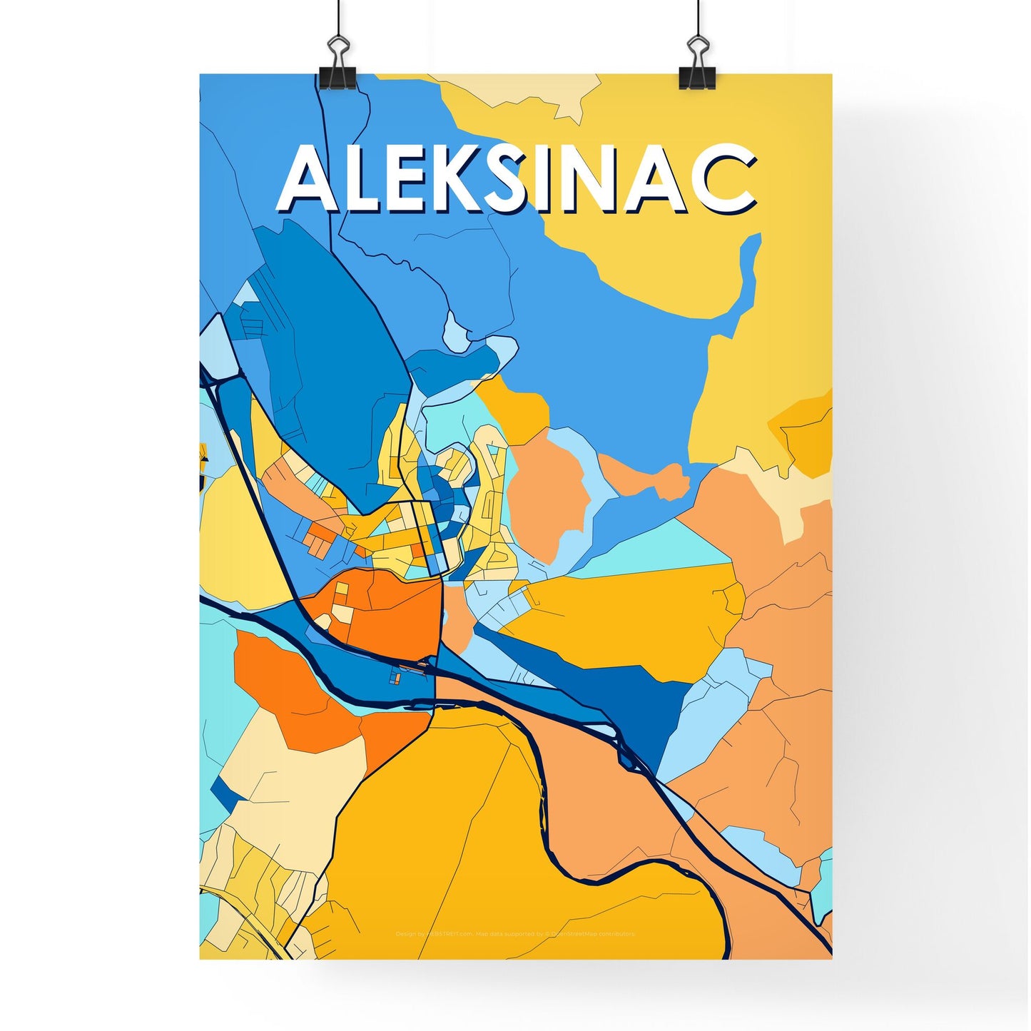 ALEKSINAC SERBIA Vibrant Colorful Art Map Poster Blue Orange