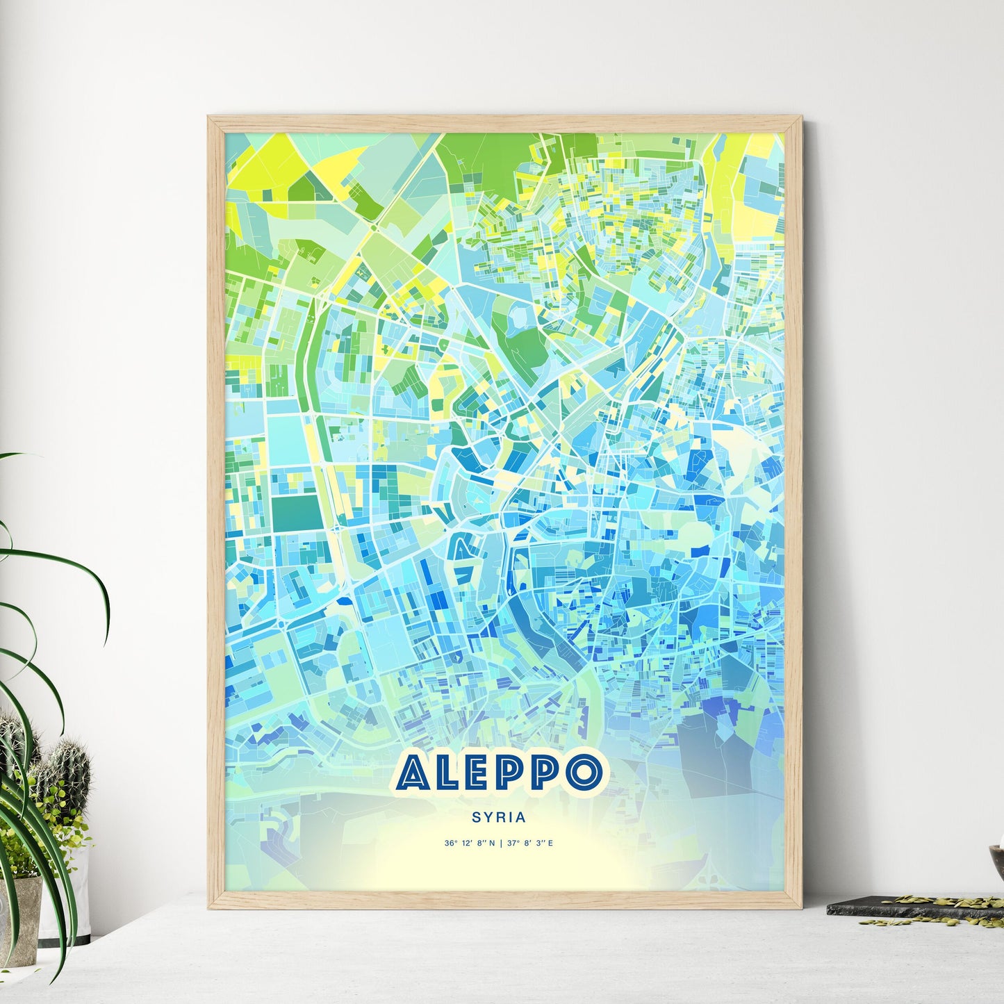Colorful Aleppo Syria Fine Art Map Cool Blue