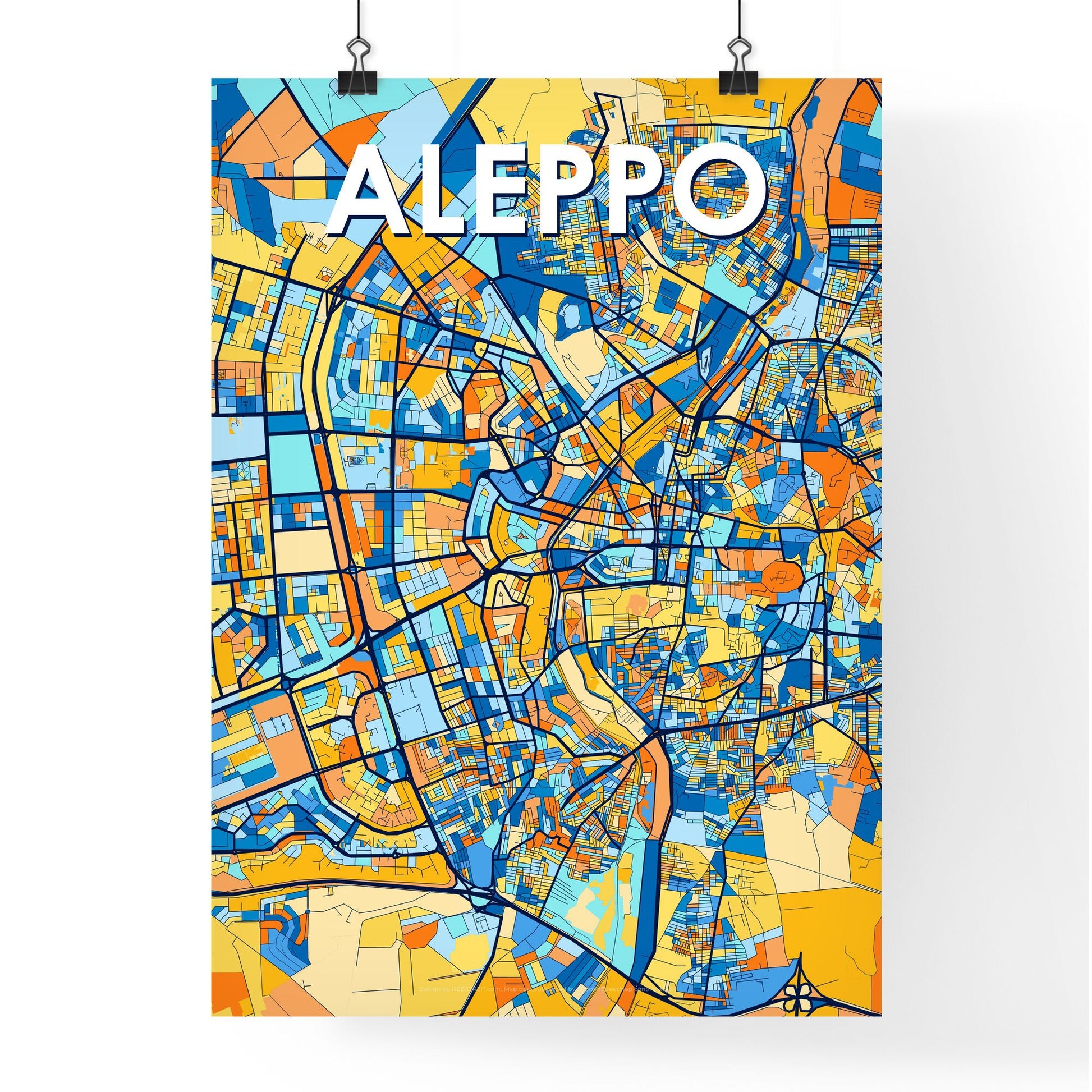 ALEPPO SYRIA Vibrant Colorful Art Map Poster Blue Orange