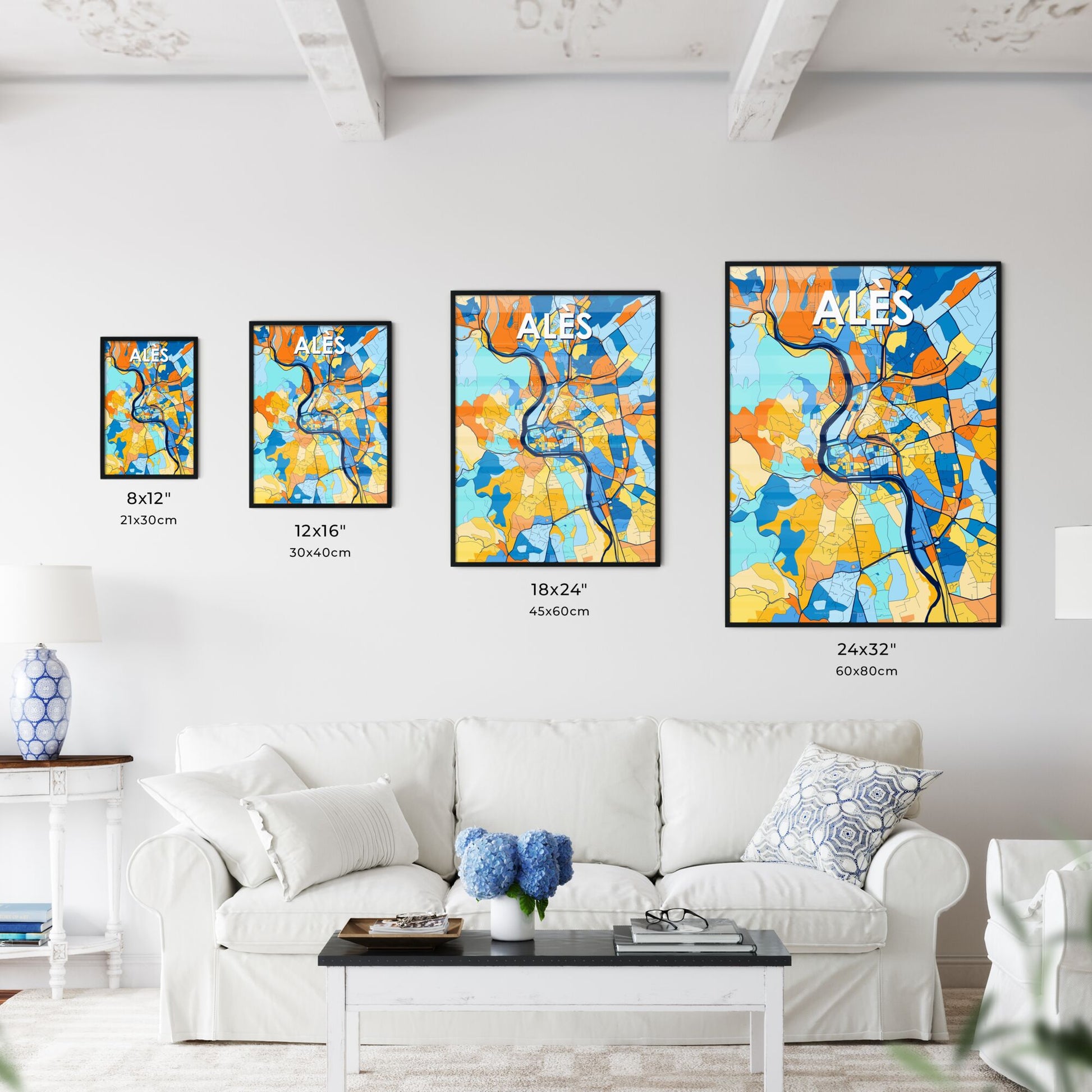 ALÈS FRANCE Vibrant Colorful Art Map Poster Blue Orange