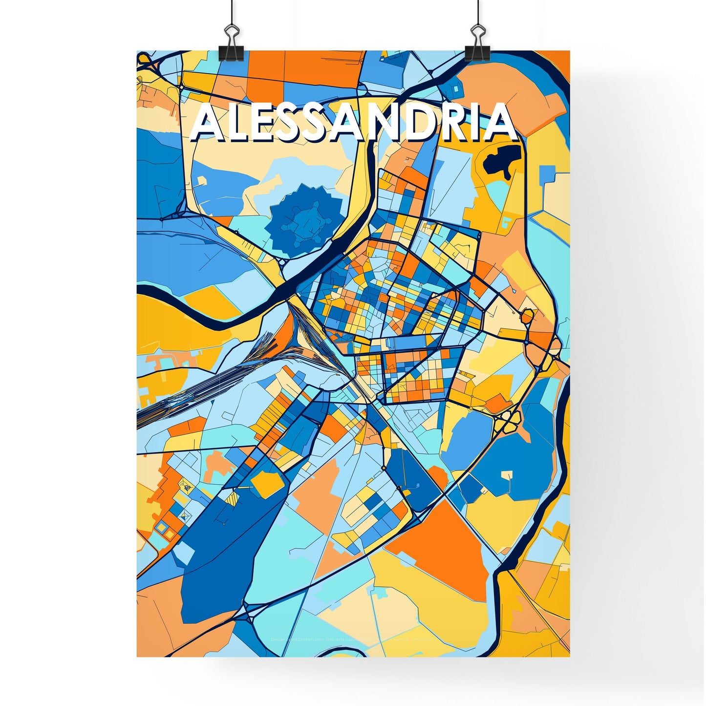 ALESSANDRIA ITALY Vibrant Colorful Art Map Poster Blue Orange