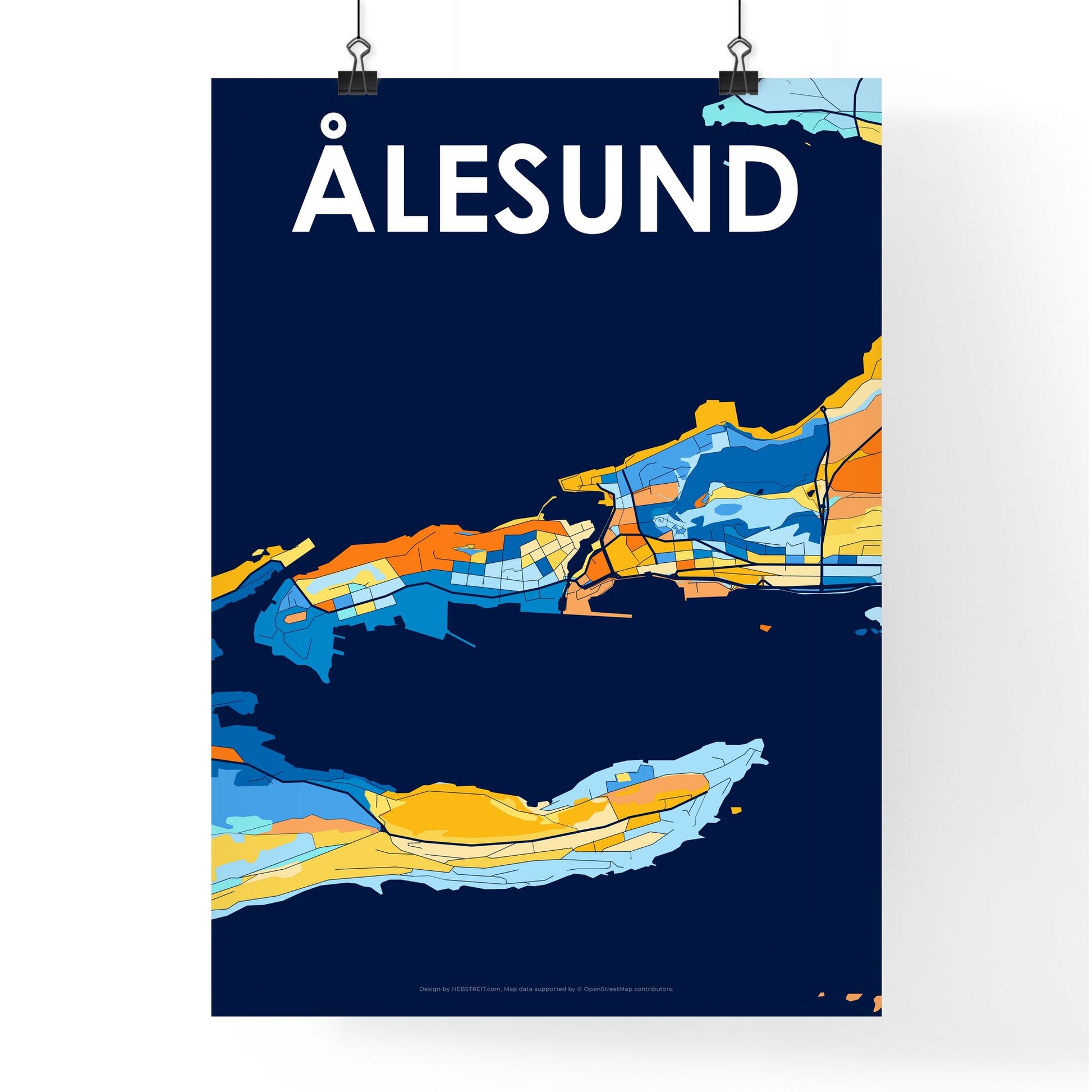 ÅLESUND NORWAY Vibrant Colorful Art Map Poster Blue Orange