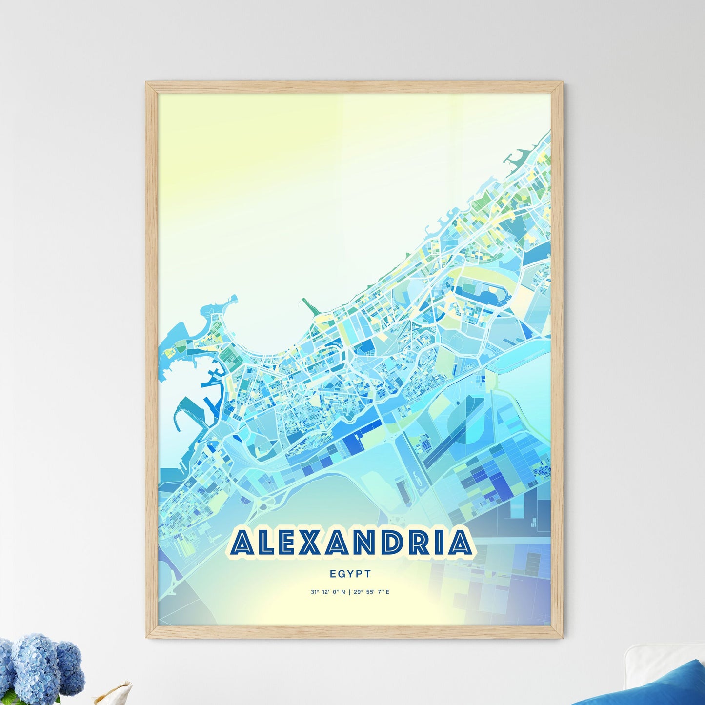 Colorful Alexandria Egypt Fine Art Map Cool Blue