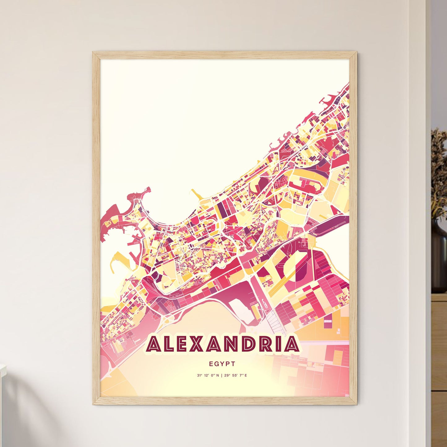 Colorful Alexandria Egypt Fine Art Map Hot Red