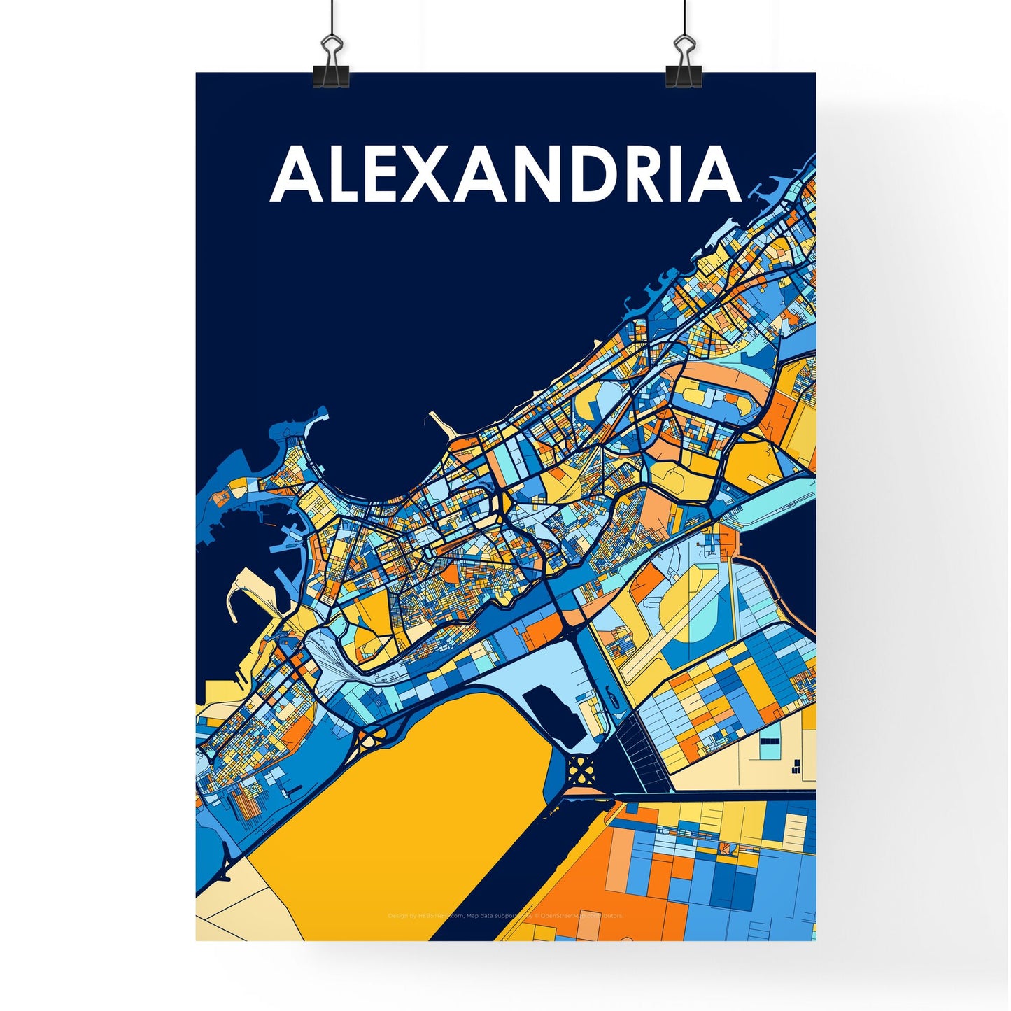 ALEXANDRIA EGYPT Vibrant Colorful Art Map Poster Blue Orange