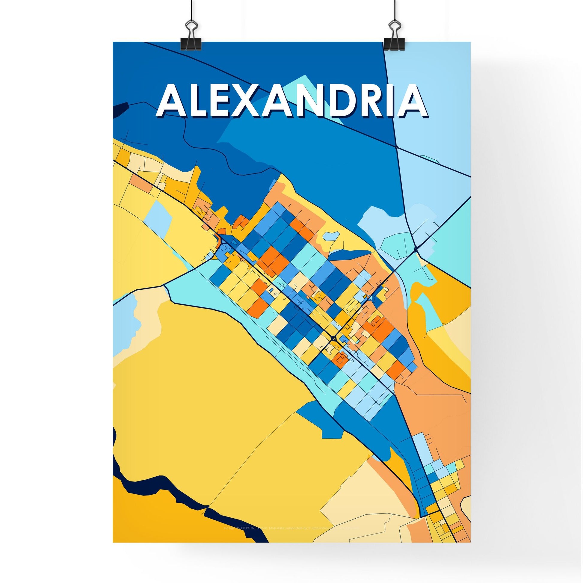 ALEXANDRIA ROMANIA Vibrant Colorful Art Map Poster Blue Orange