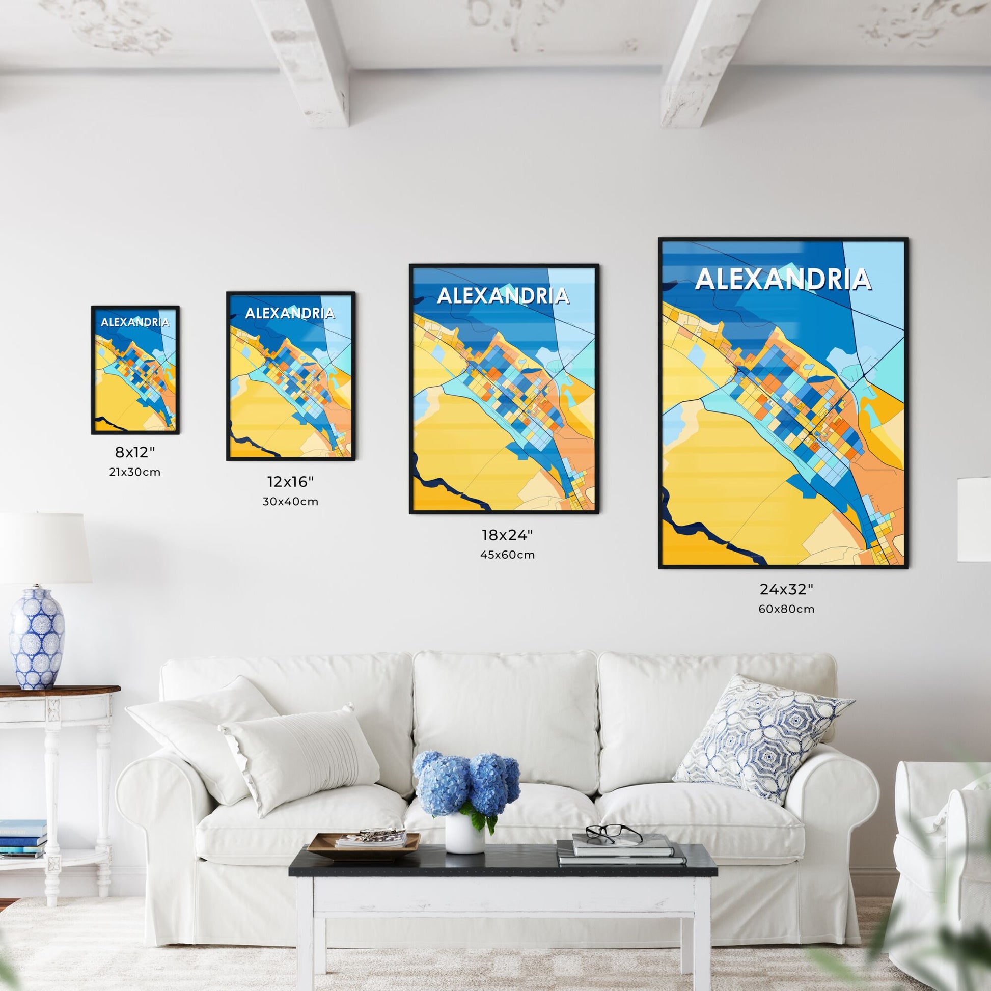 ALEXANDRIA ROMANIA Vibrant Colorful Art Map Poster Blue Orange