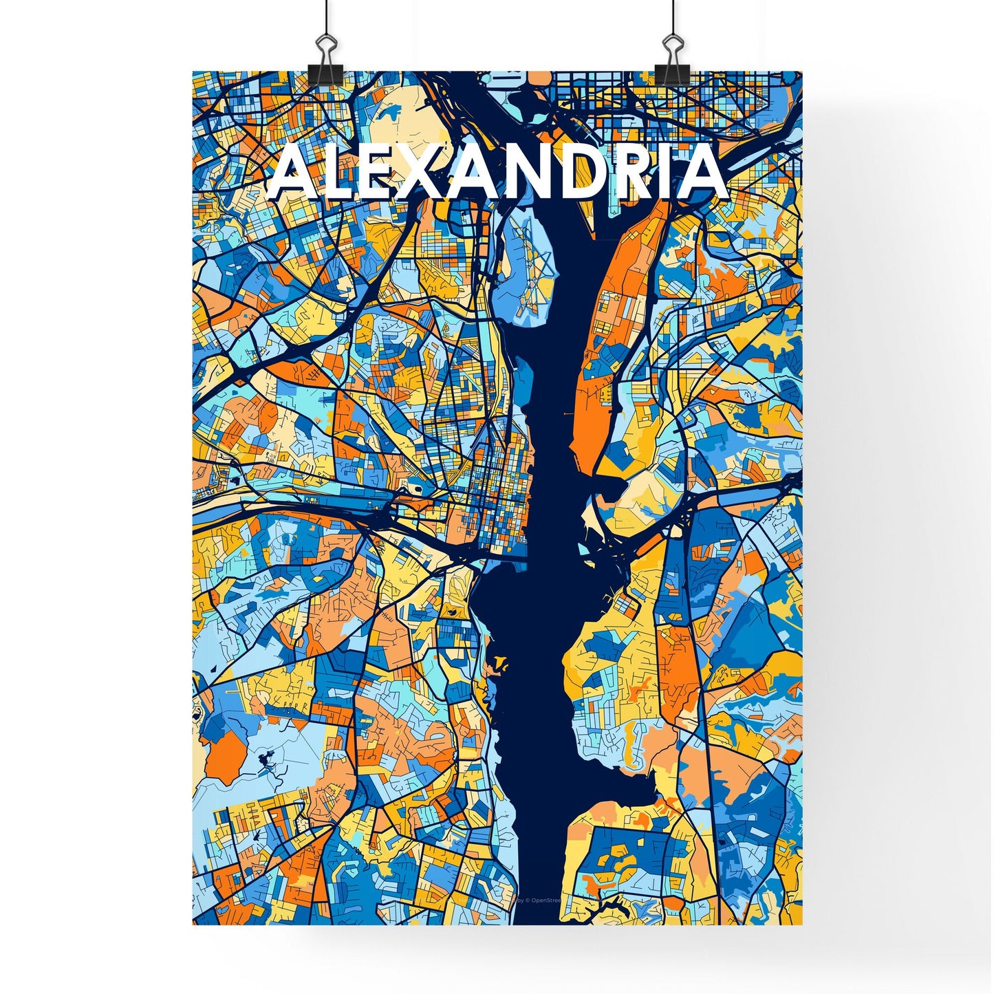 ALEXANDRIA VIRGINIA Vibrant Colorful Art Map Poster Blue Orange