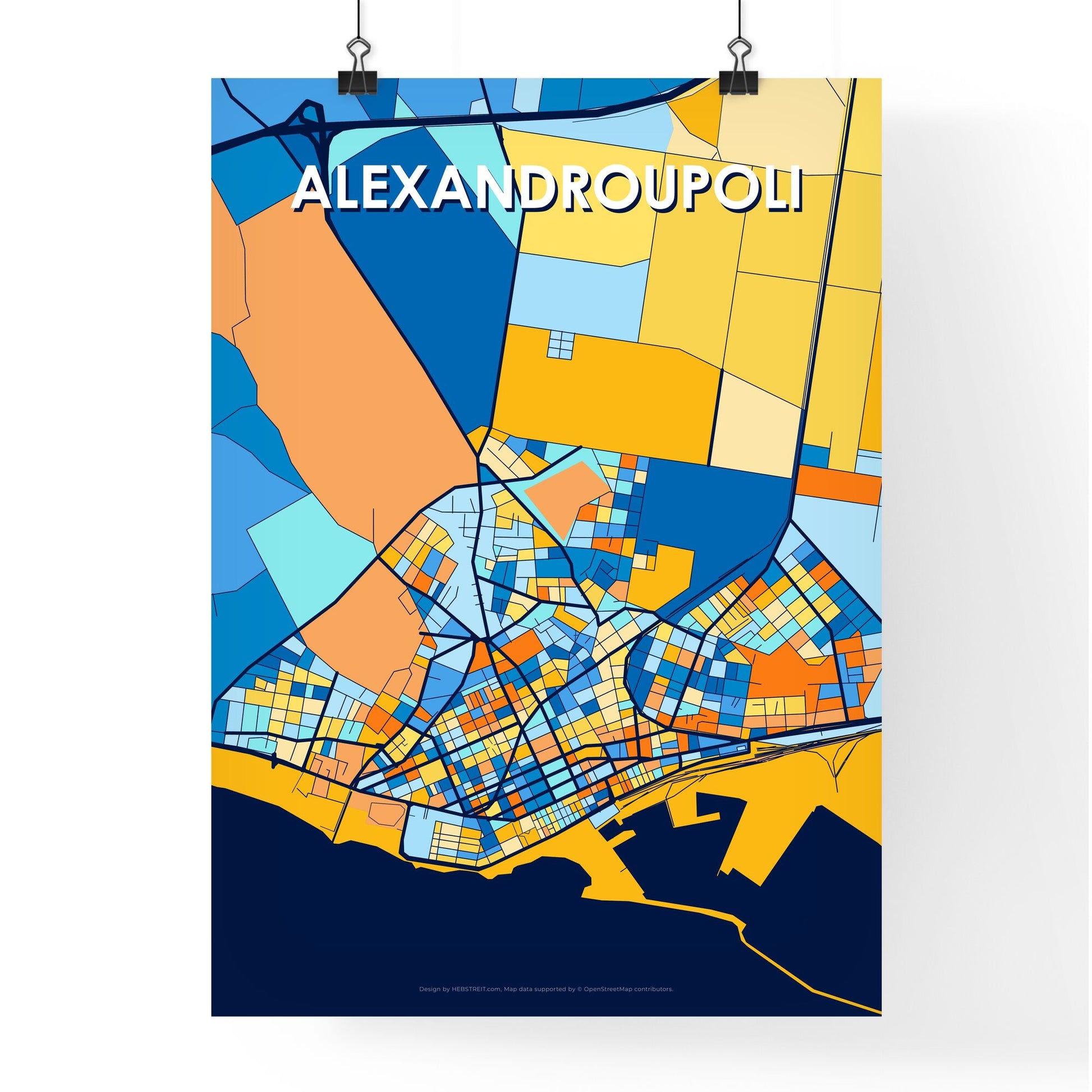 ALEXANDROUPOLI GREECE Vibrant Colorful Art Map Poster Blue Orange