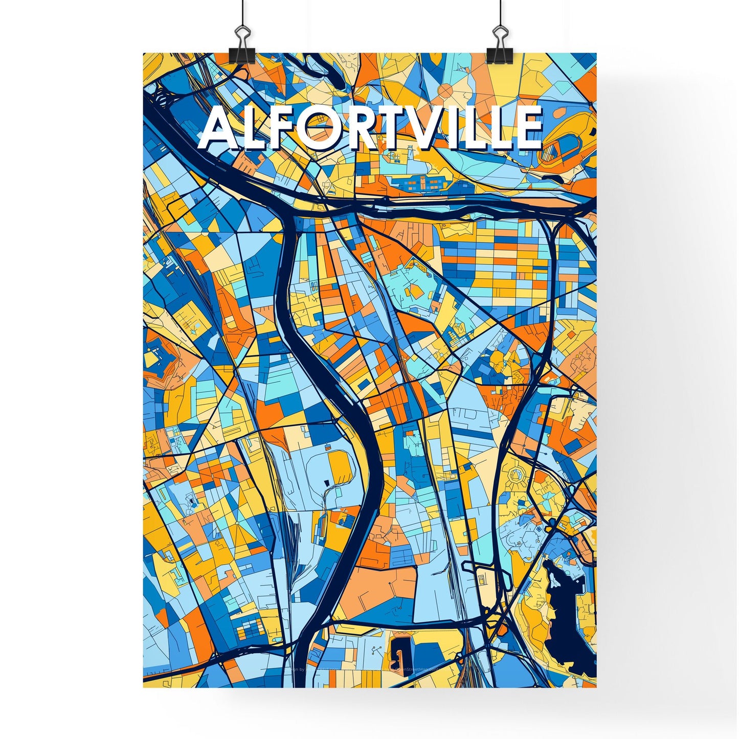 ALFORTVILLE FRANCE Vibrant Colorful Art Map Poster Blue Orange