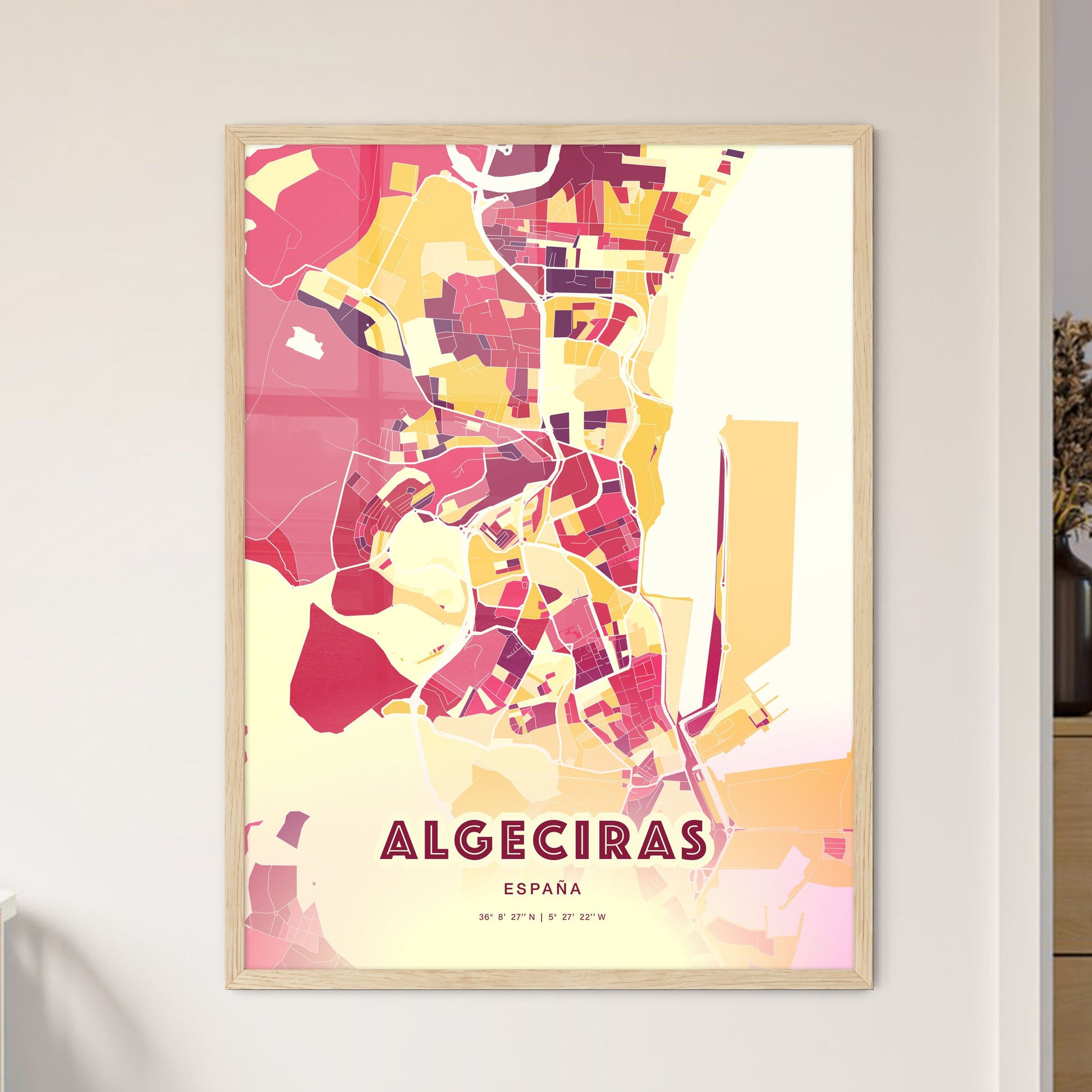 Colorful Algeciras Spain Fine Art Map Hot Red
