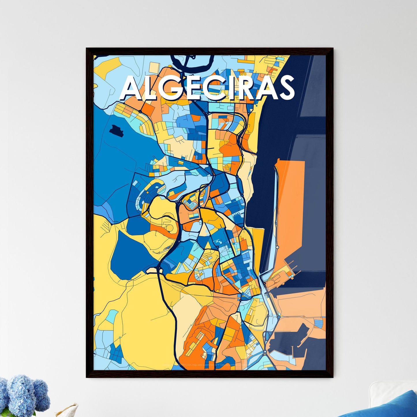 ALGECIRAS SPAIN Vibrant Colorful Art Map Poster Blue Orange