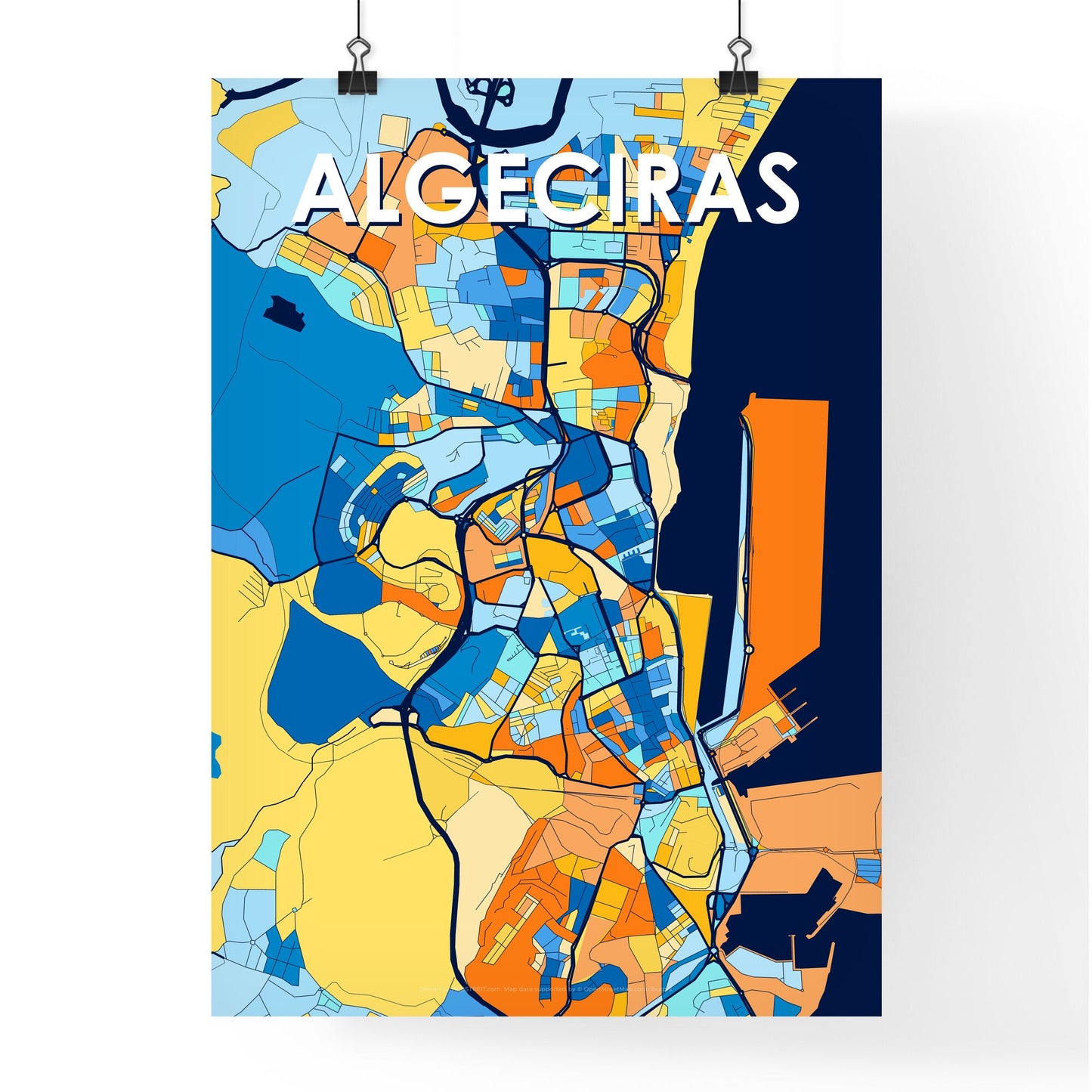 ALGECIRAS SPAIN Vibrant Colorful Art Map Poster Blue Orange