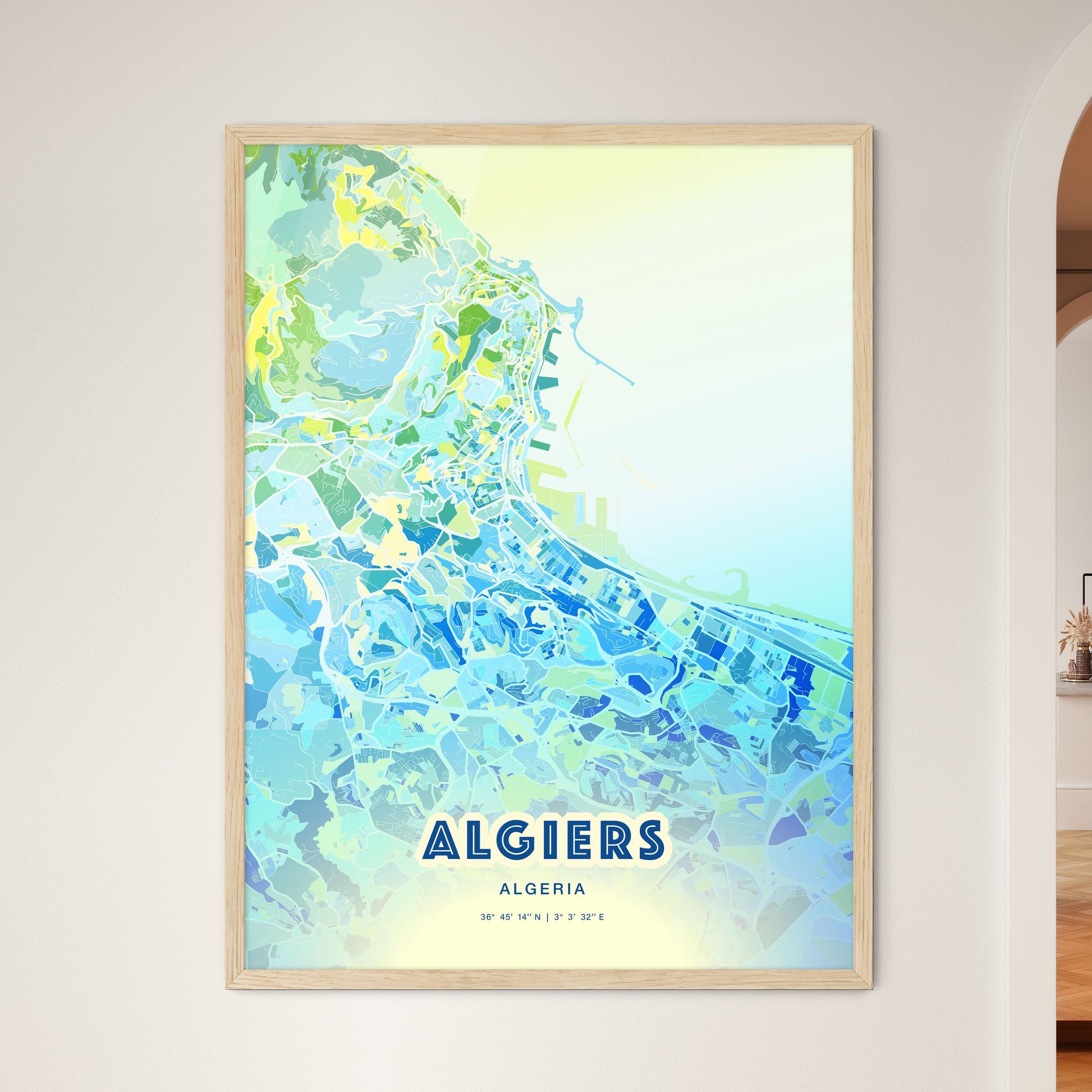Colorful Algiers Algeria Fine Art Map Cool Blue