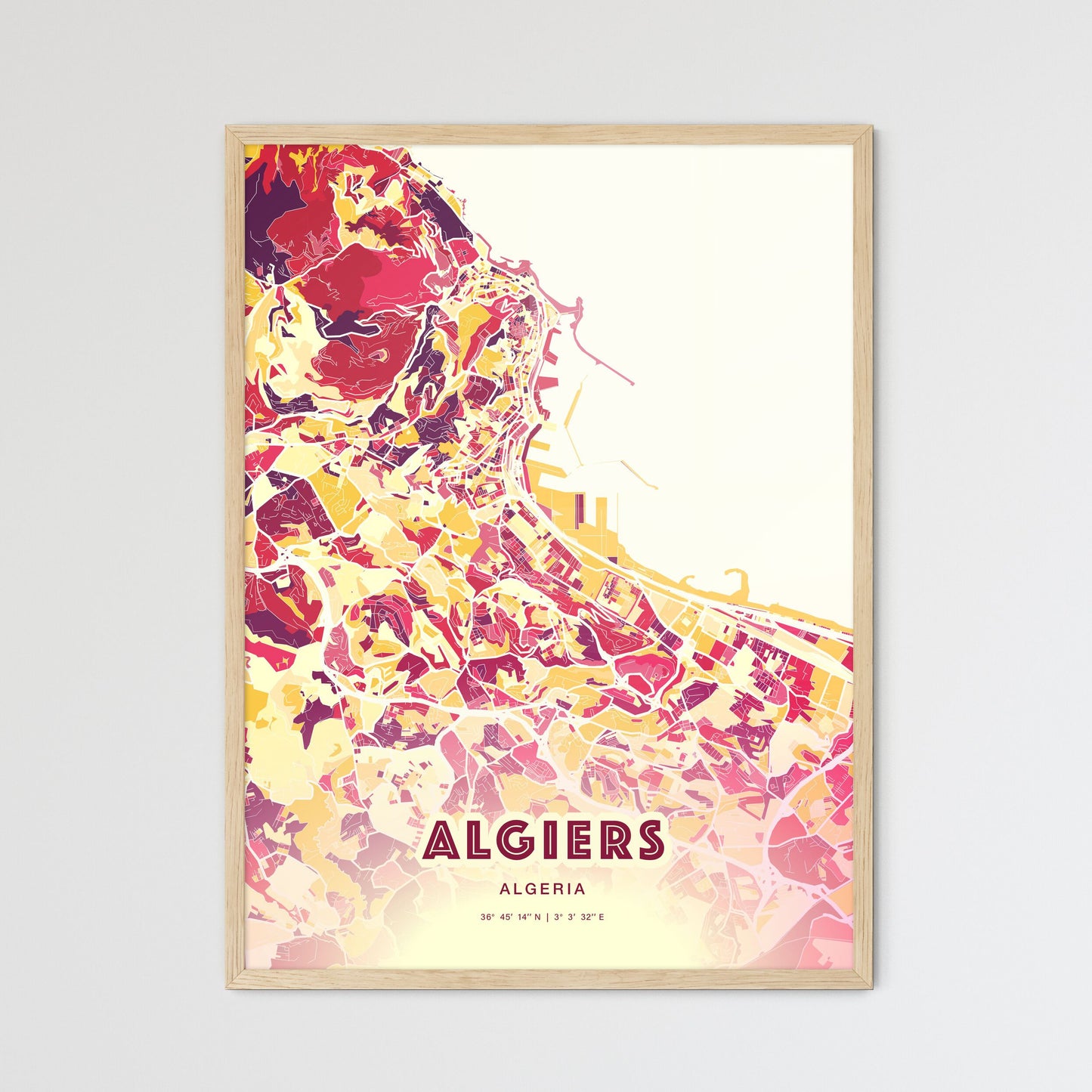 Colorful Algiers Algeria Fine Art Map Hot Red