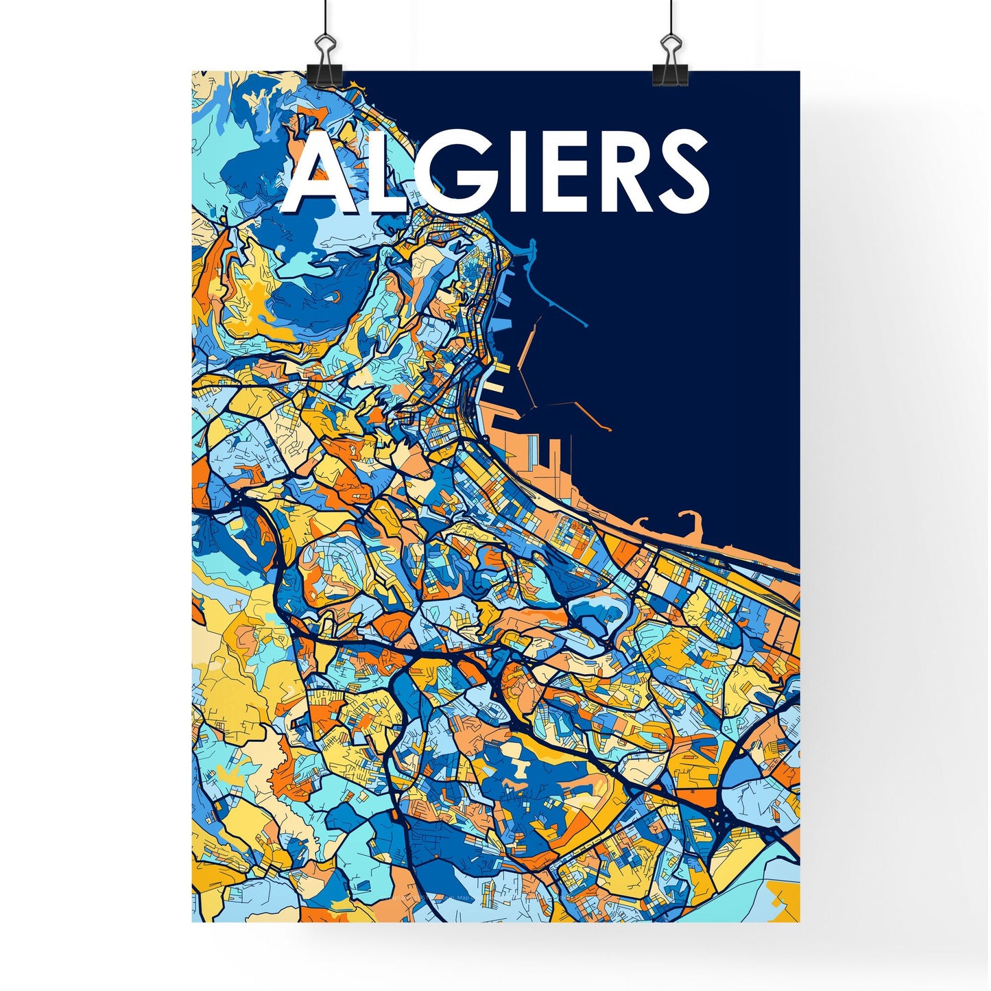 ALGIERS ALGERIA Vibrant Colorful Art Map Poster Blue Orange