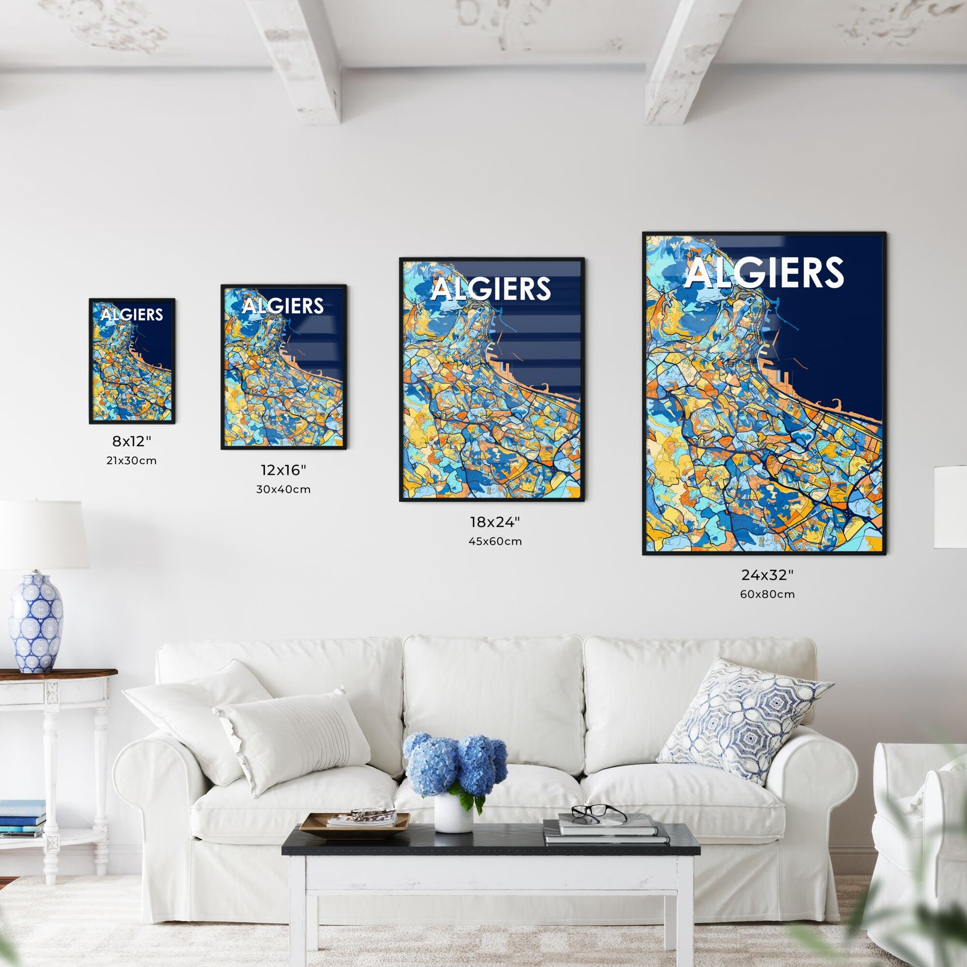 ALGIERS ALGERIA Vibrant Colorful Art Map Poster Blue Orange