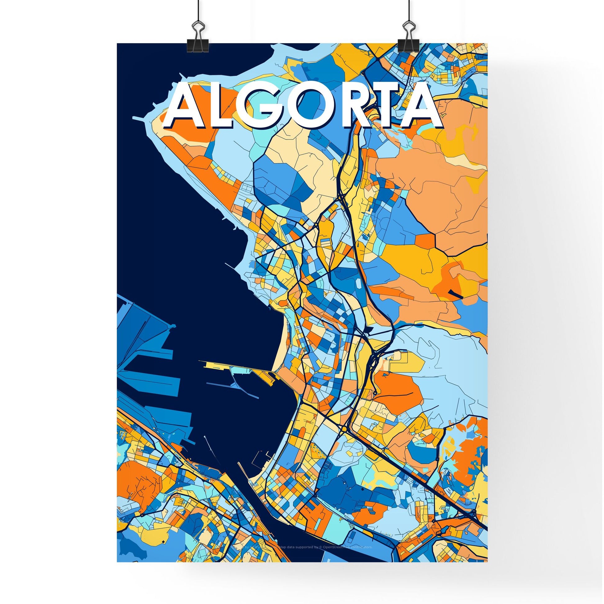 ALGORTA SPAIN Vibrant Colorful Art Map Poster Blue Orange