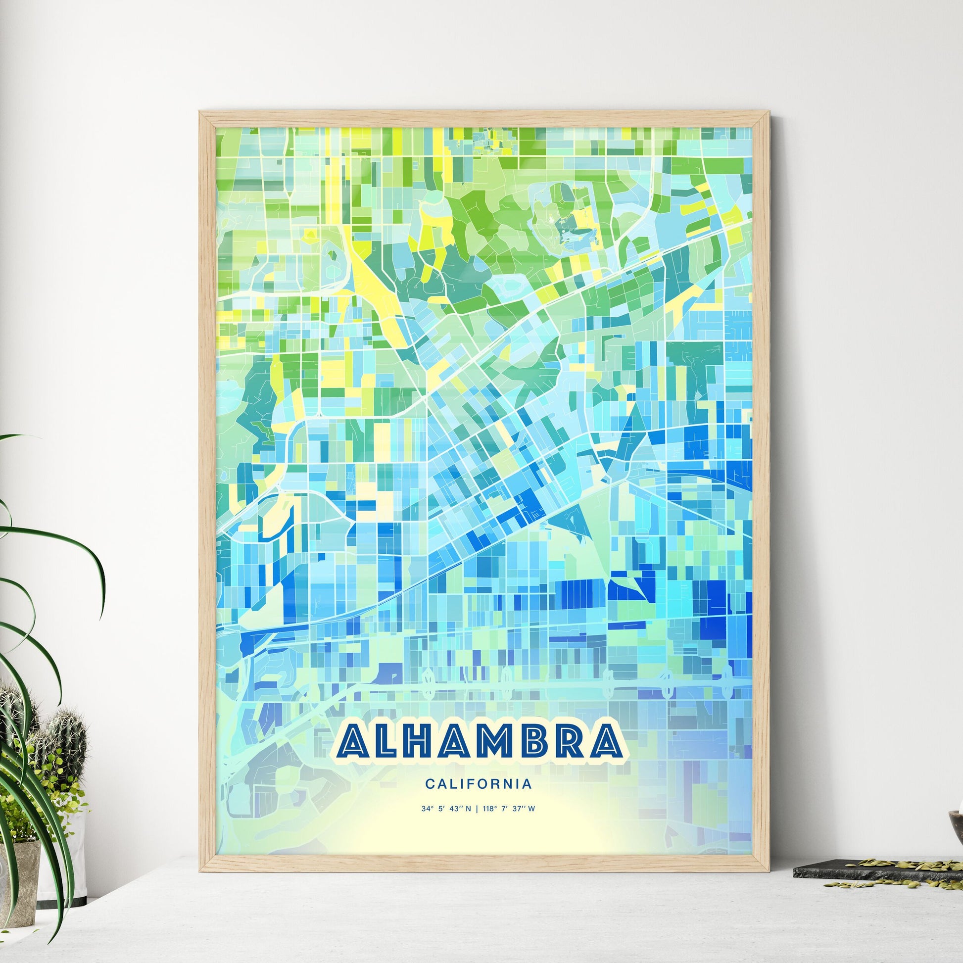 Colorful Alhambra California Fine Art Map Cool Blue