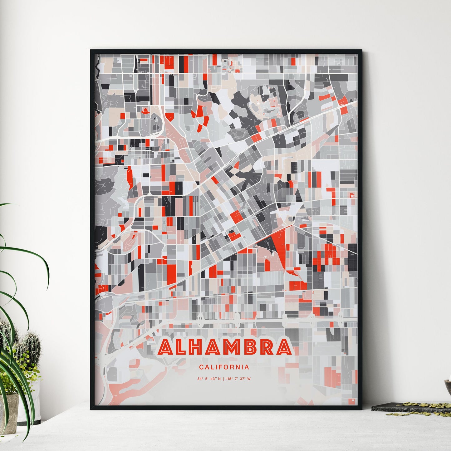 Colorful Alhambra California Fine Art Map Modern Expressive
