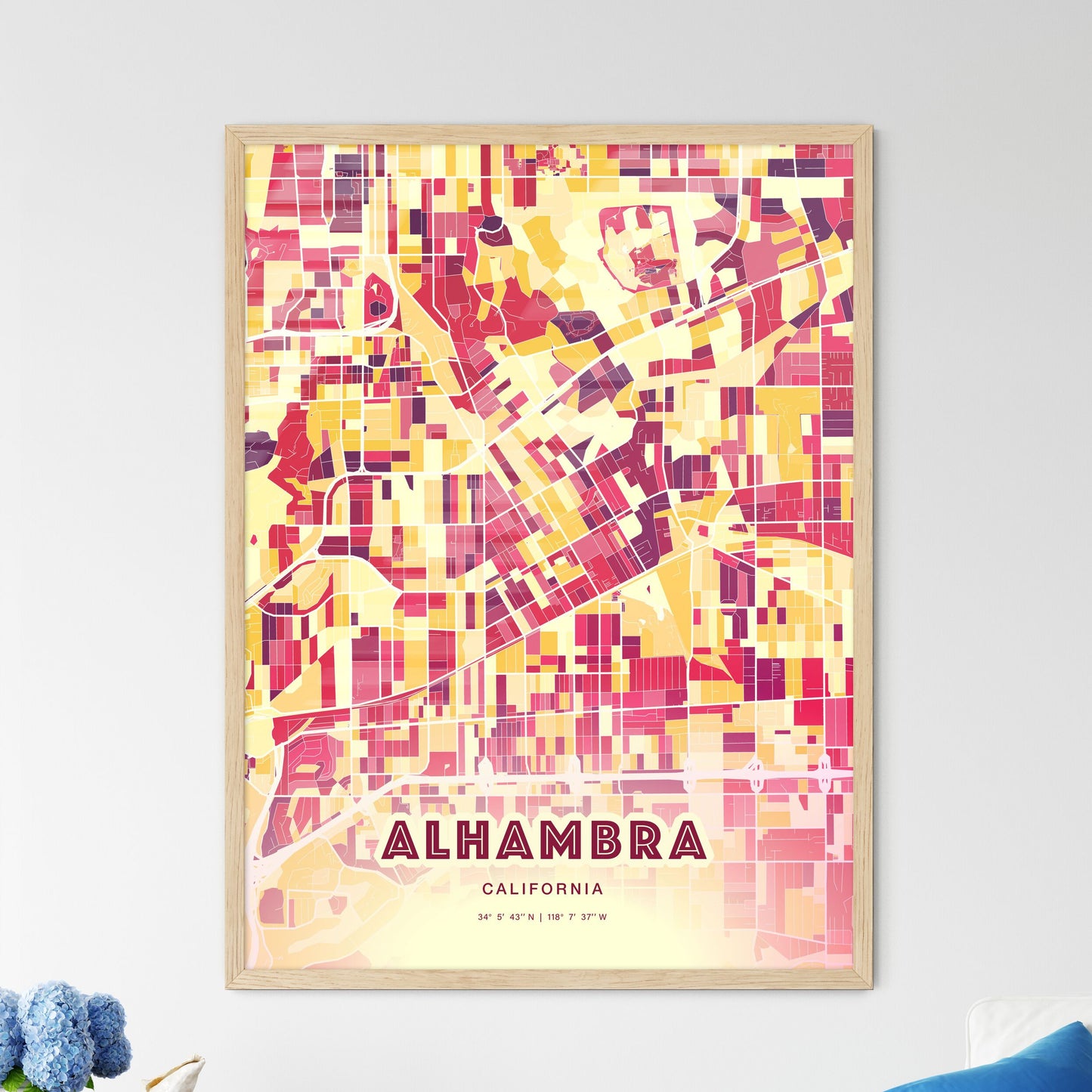 Colorful Alhambra California Fine Art Map Hot Red