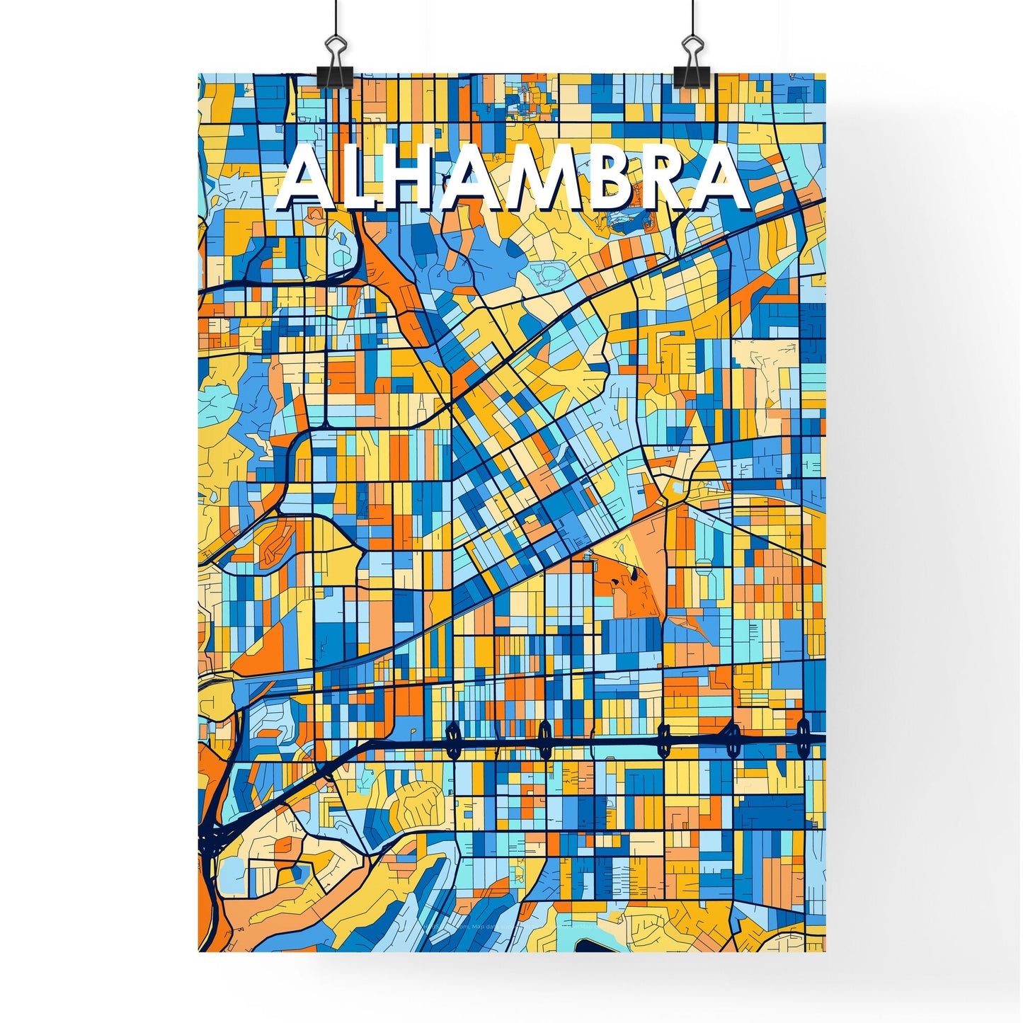 ALHAMBRA CALIFORNIA Vibrant Colorful Art Map Poster Blue Orange