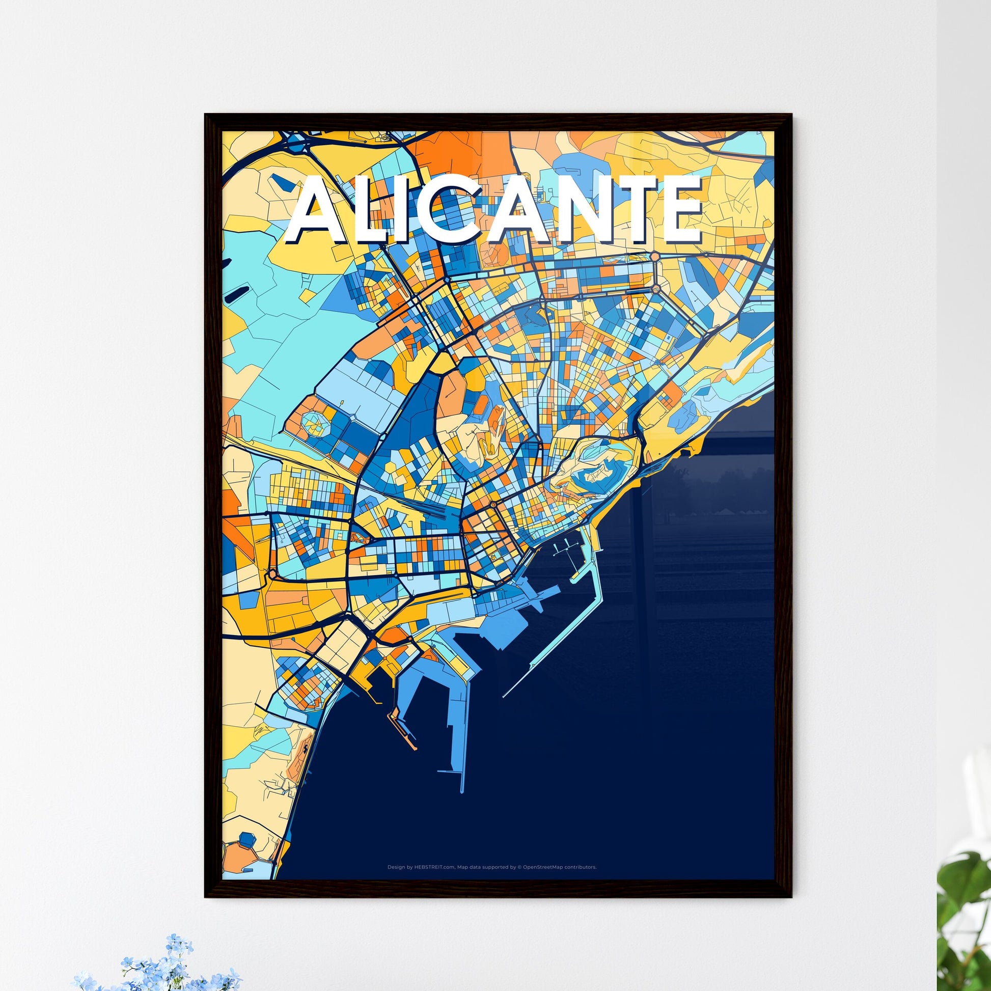 ALICANTE SPAIN Vibrant Colorful Art Map Poster Blue Orange