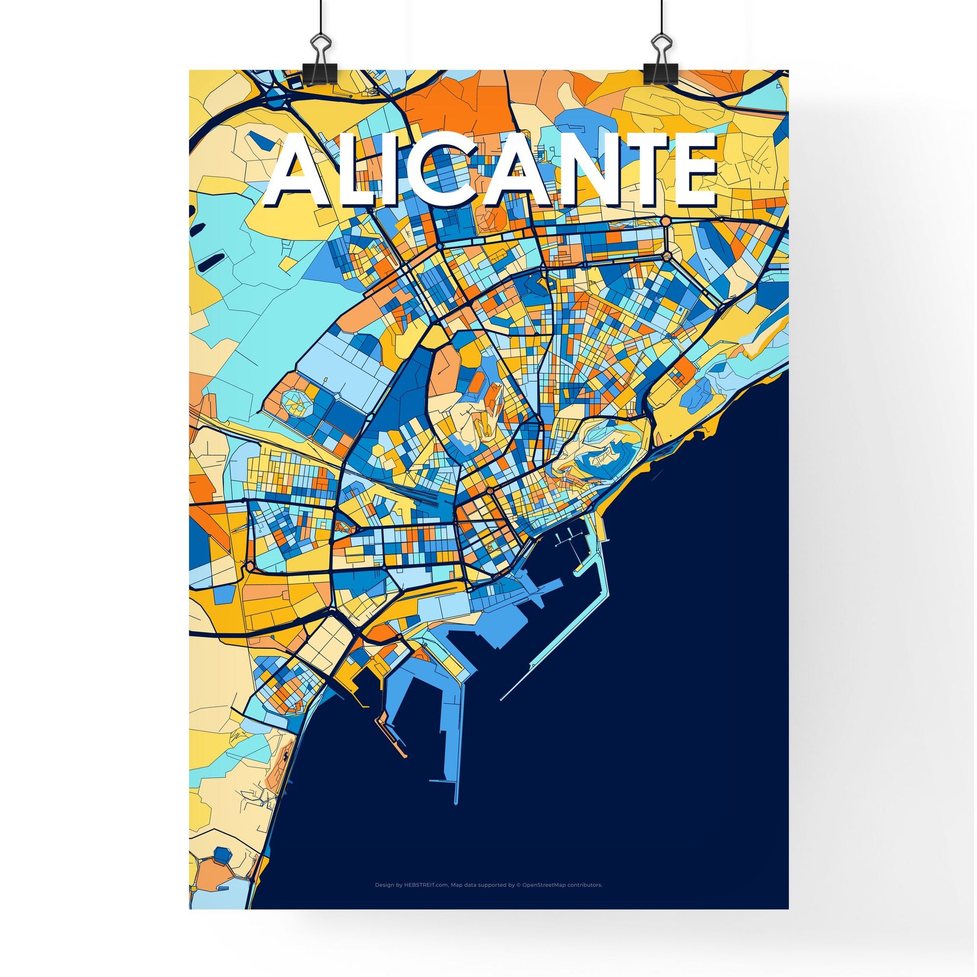 ALICANTE SPAIN Vibrant Colorful Art Map Poster Blue Orange