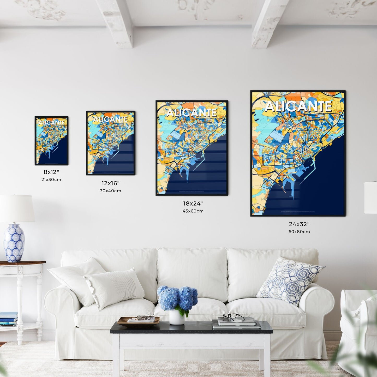 ALICANTE SPAIN Vibrant Colorful Art Map Poster Blue Orange