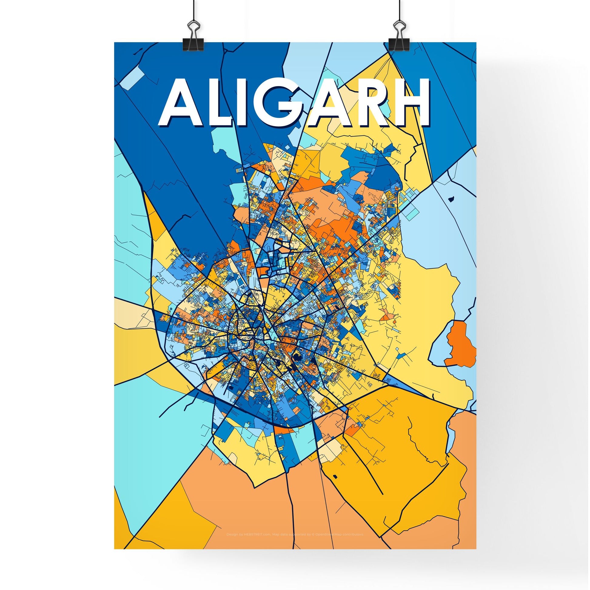 ALIGARH INDIA Vibrant Colorful Art Map Poster Blue Orange