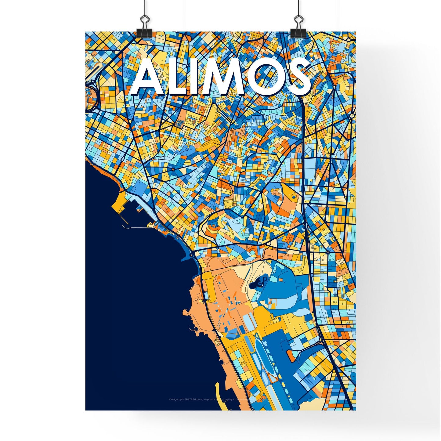 ALIMOS GREECE Vibrant Colorful Art Map Poster Blue Orange