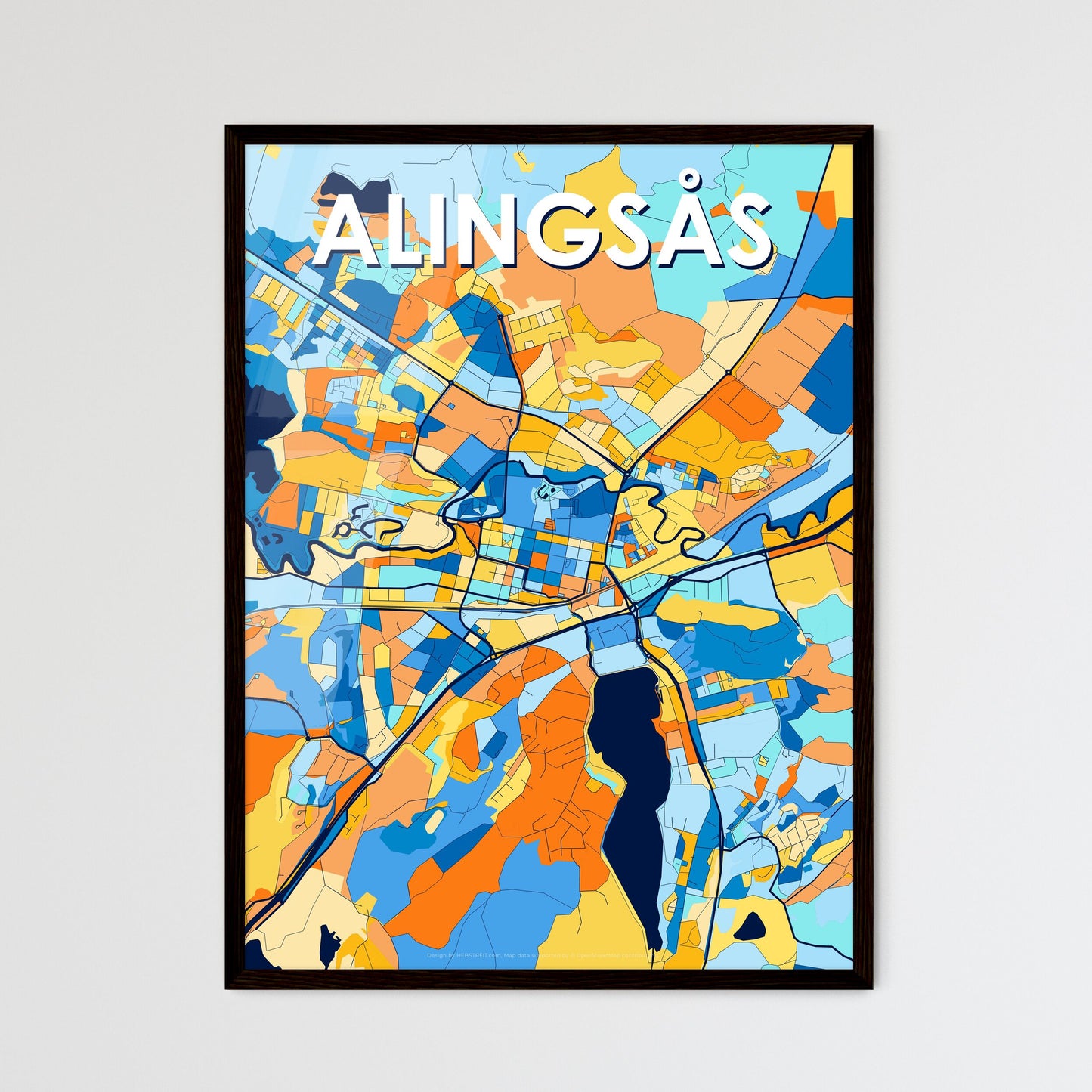 ALINGSÅS SWEDEN Vibrant Colorful Art Map Poster Blue Orange