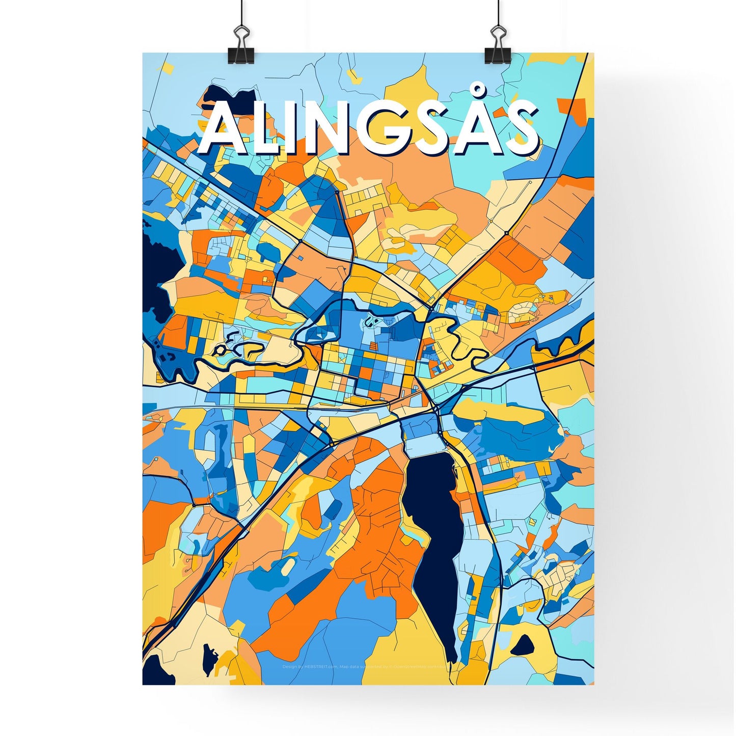 ALINGSÅS SWEDEN Vibrant Colorful Art Map Poster Blue Orange