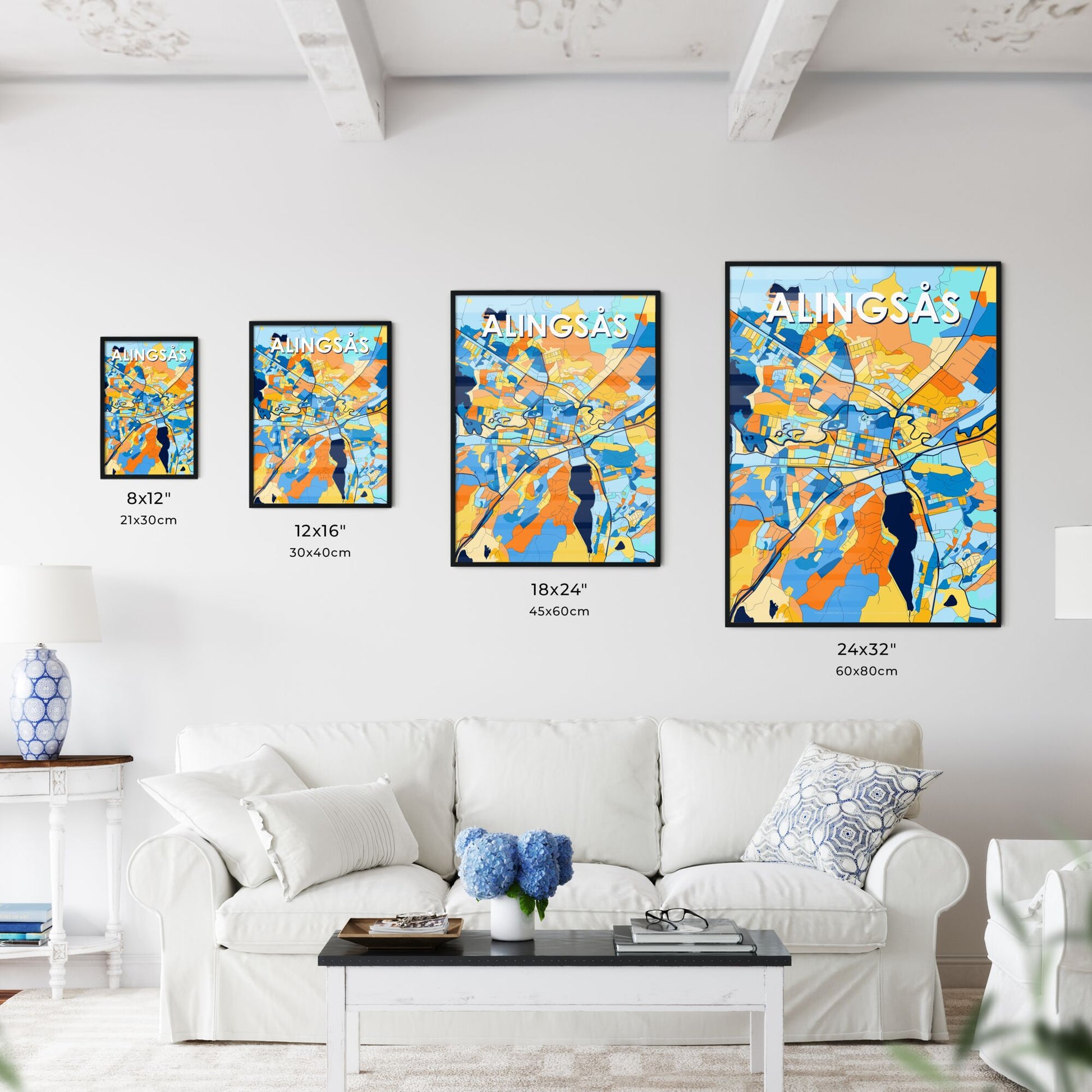 ALINGSÅS SWEDEN Vibrant Colorful Art Map Poster Blue Orange