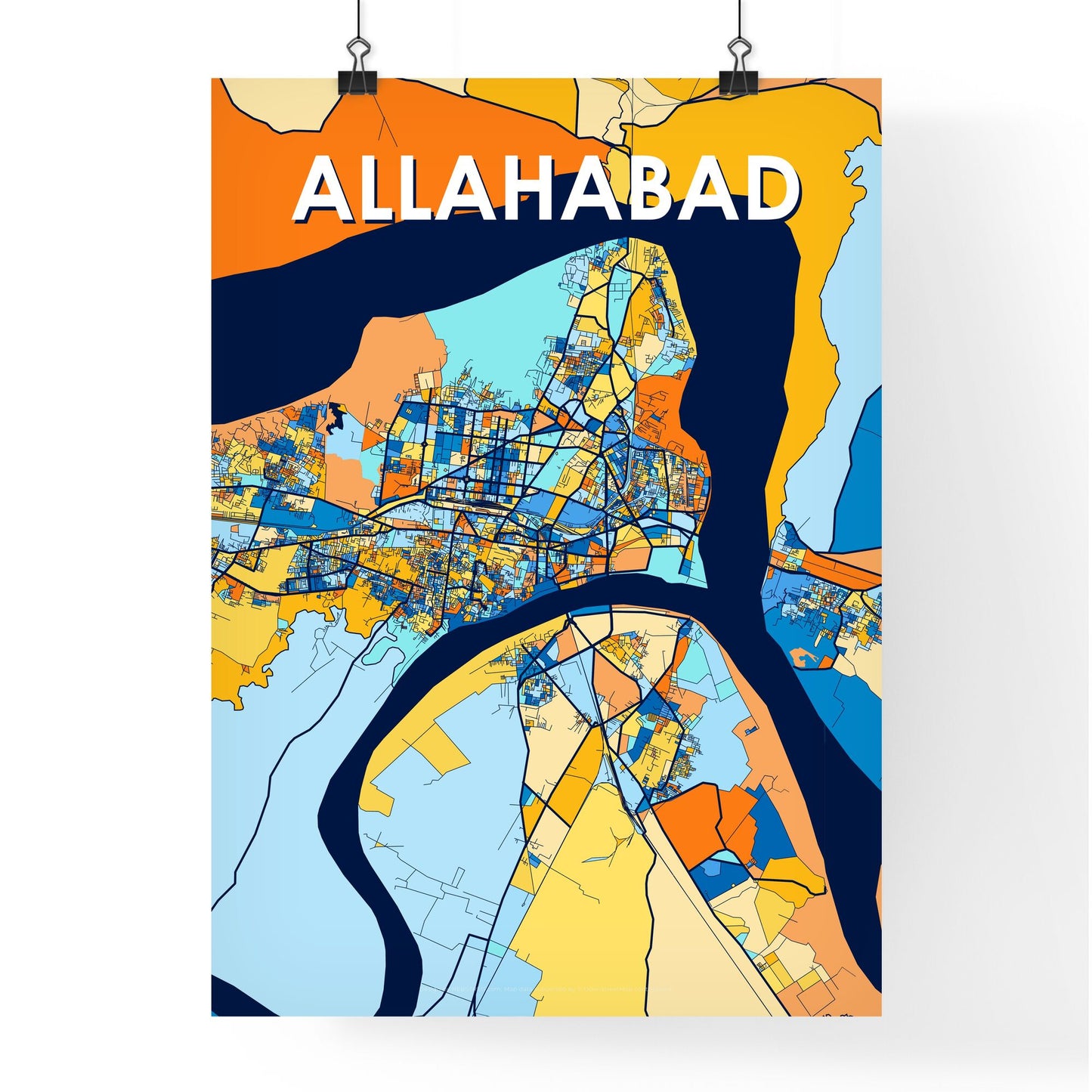 ALLAHABAD INDIA Vibrant Colorful Art Map Poster Blue Orange