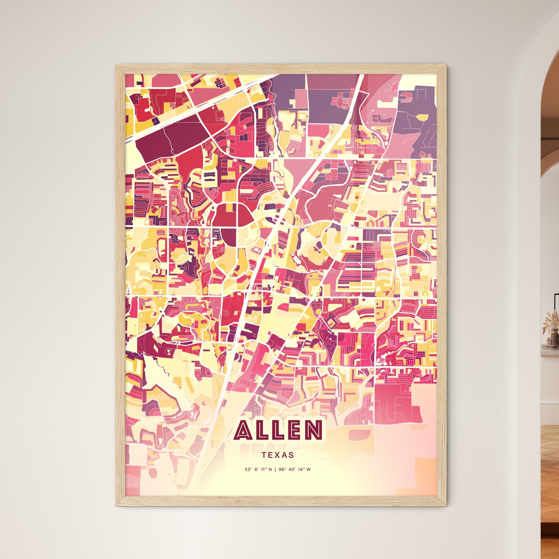 Colorful Allen Texas Fine Art Map Hot Red