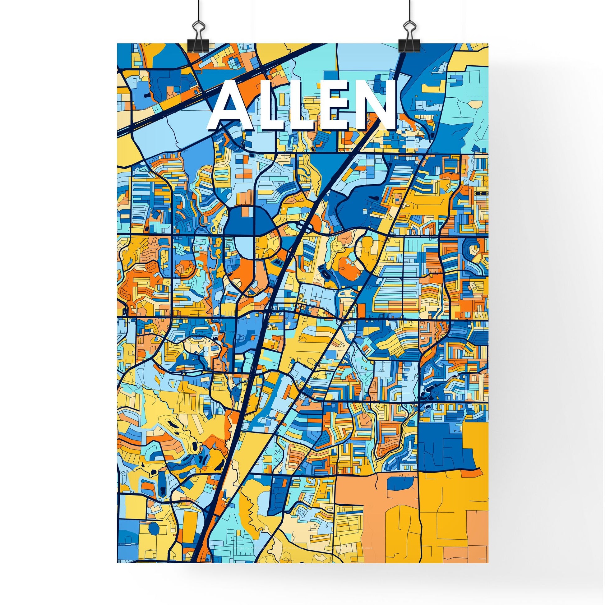 ALLEN TEXAS Vibrant Colorful Art Map Poster Blue Orange