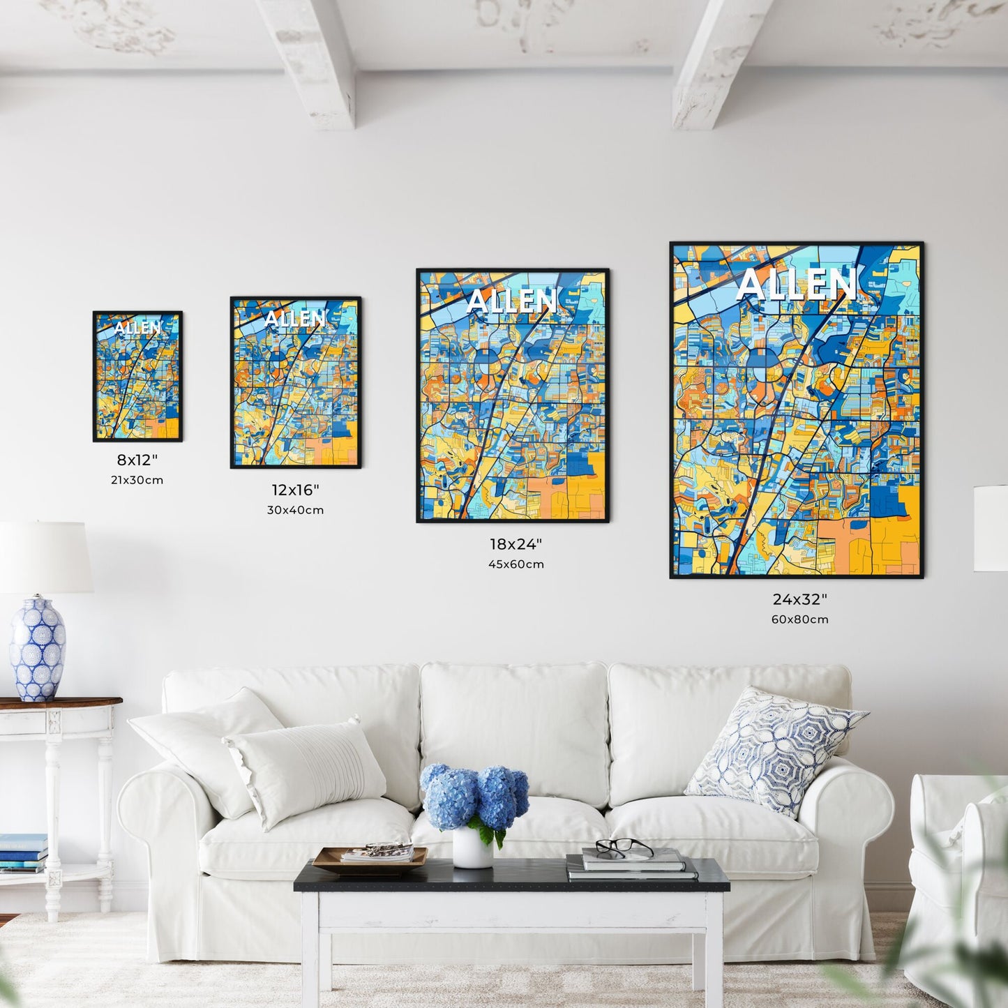 ALLEN TEXAS Vibrant Colorful Art Map Poster Blue Orange