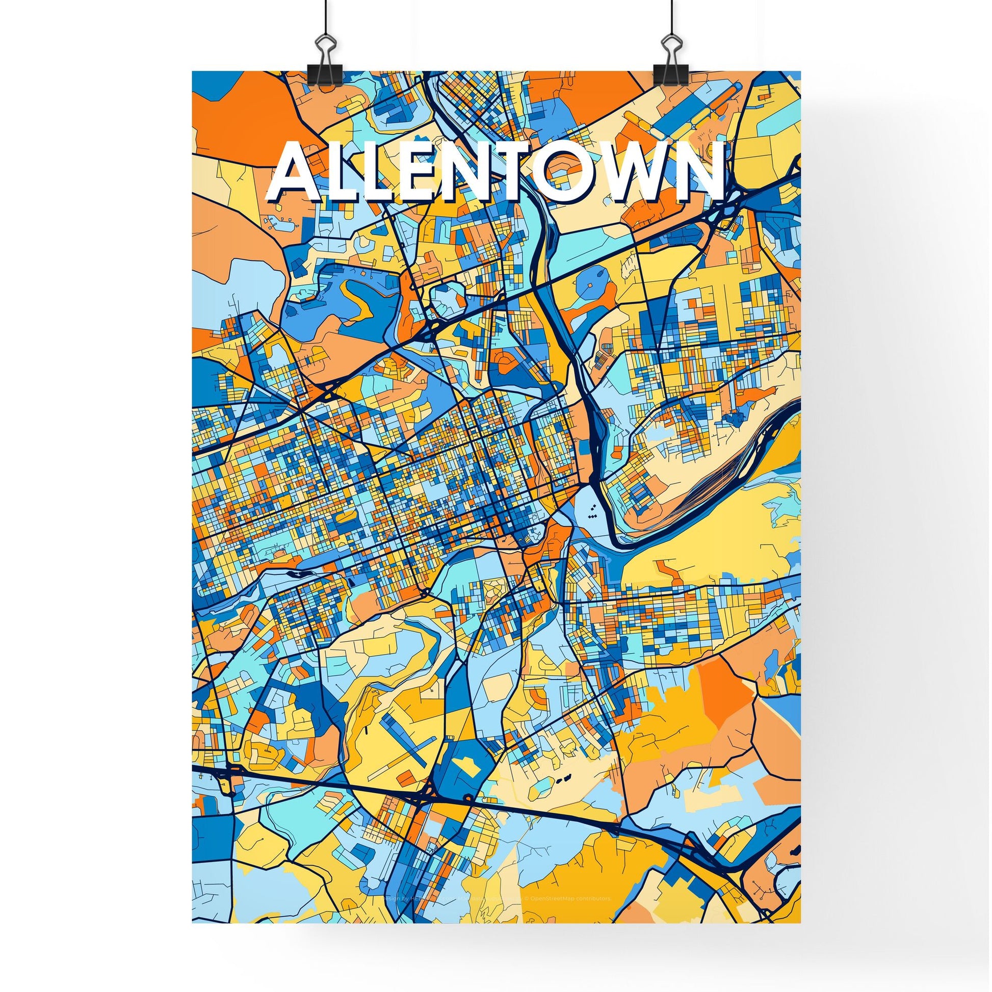 ALLENTOWN PENNSYLVANIA Vibrant Colorful Art Map Poster Blue Orange